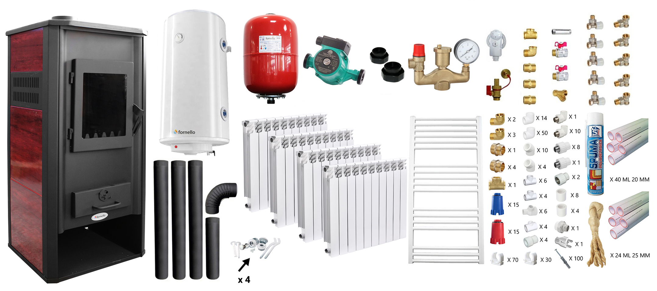 Pachet incalzire si apa calda Termosemineu pe lemne, brichete si carbune Fornello Roma E, Bordeaux, 22 kW, calorifere aluminiu, teava PPR si fitinguri, boiler termoelectric 100l, vas expansiune, pompa circulatie, kit evacuare kit montaj