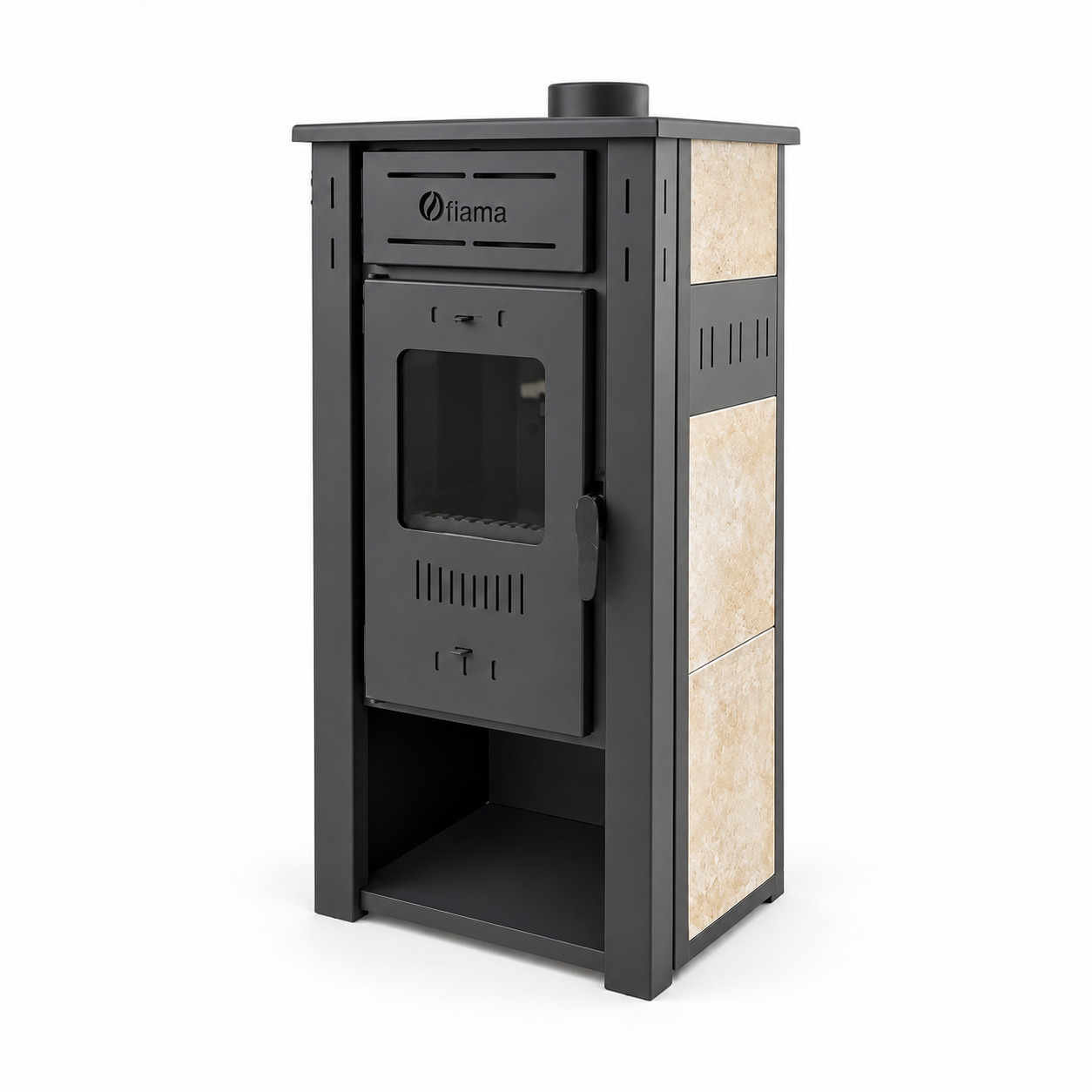Pachet incalzire si apa calda Termosemineu pe lemne brichete si carbune  FIAMA AMBASADOR Ivory 24.5 kW calorifere aluminiu Fornello Alvo boiler termoelectric 100l vas expansiune pompa circulatie kit evacuare kit montaj