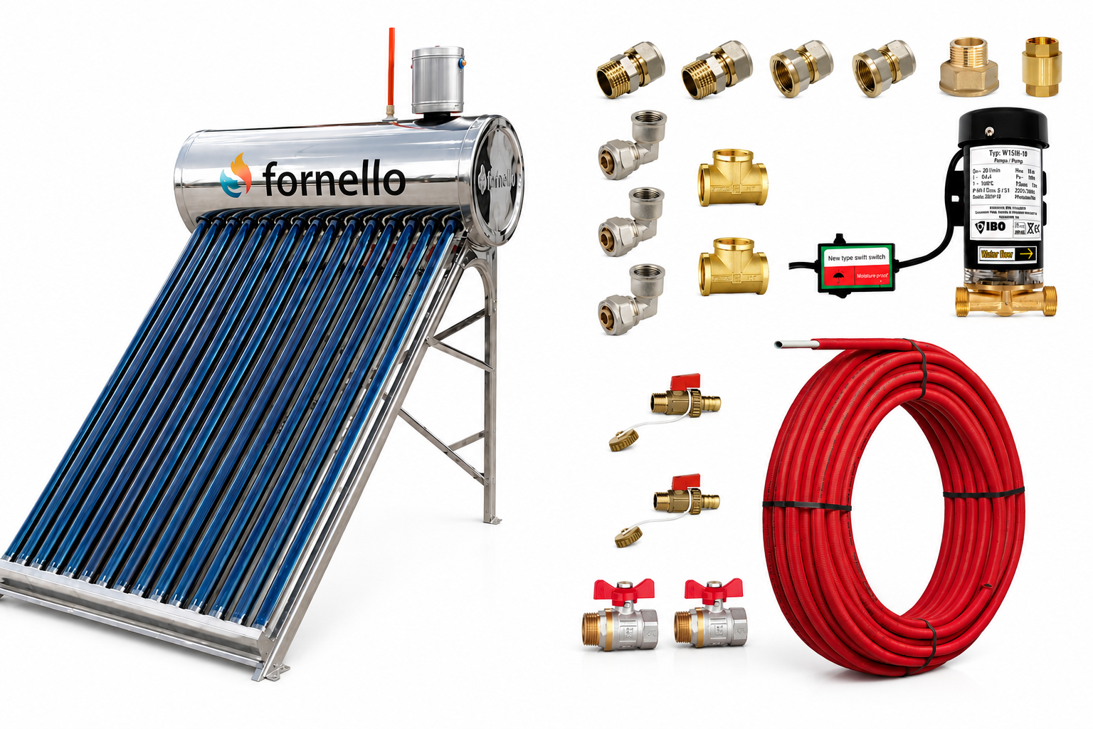 Pachet panou solar nepresurizat Fornello pentru producere apa calda cu rezervor inox 122 litri 15 tuburi vidate vas flotor 5 litri pompa ridicare presiune teava hidronix si fitinguri montaj