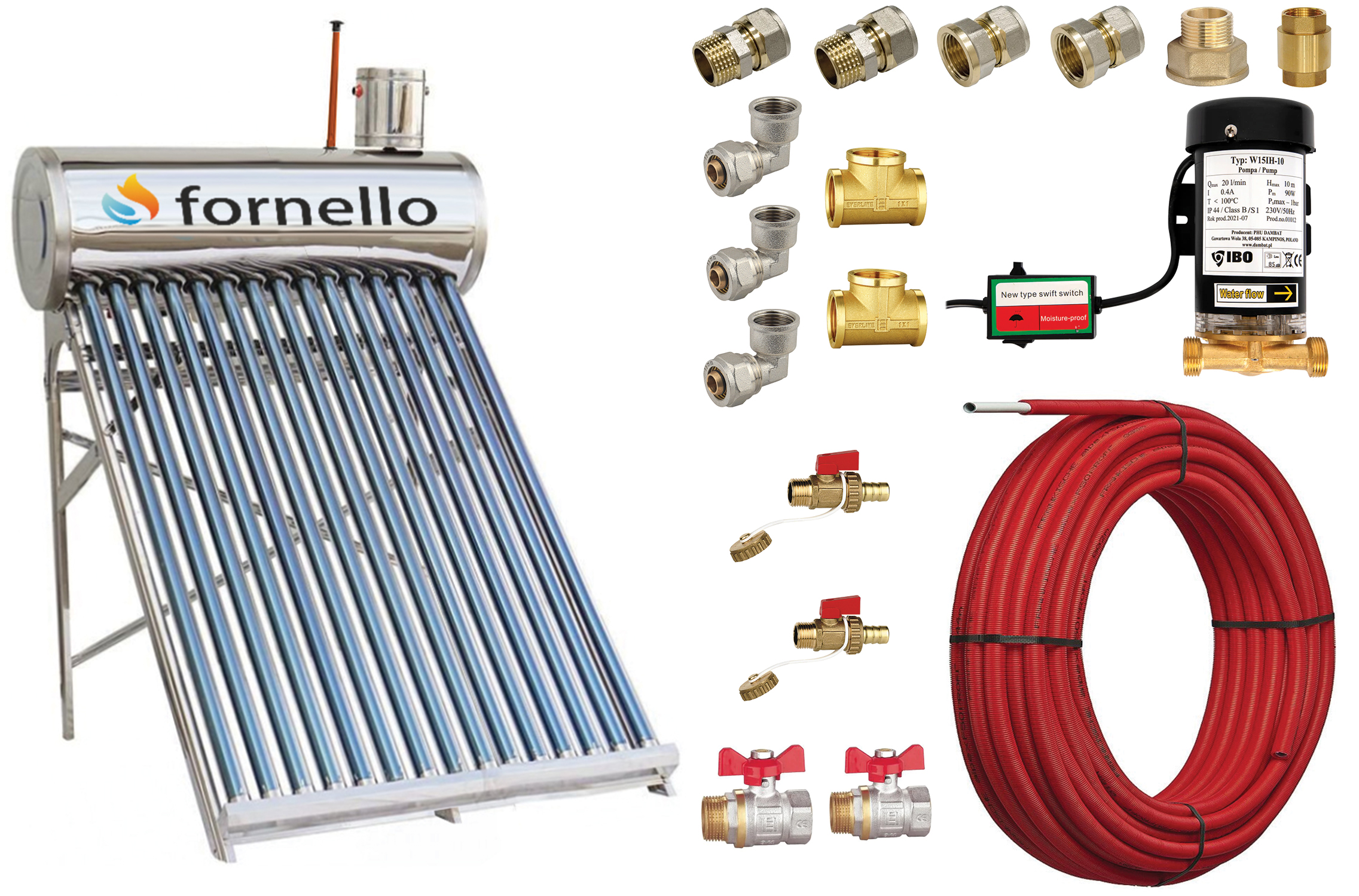 Pachet panou solar nepresurizat Fornello pentru producere apa calda, cu rezervor inox 122 litri, 15 tuburi vidate, vas flotor 5 litri, pompa ridicare presiune, teava hidronix si fitinguri montaj Fornello