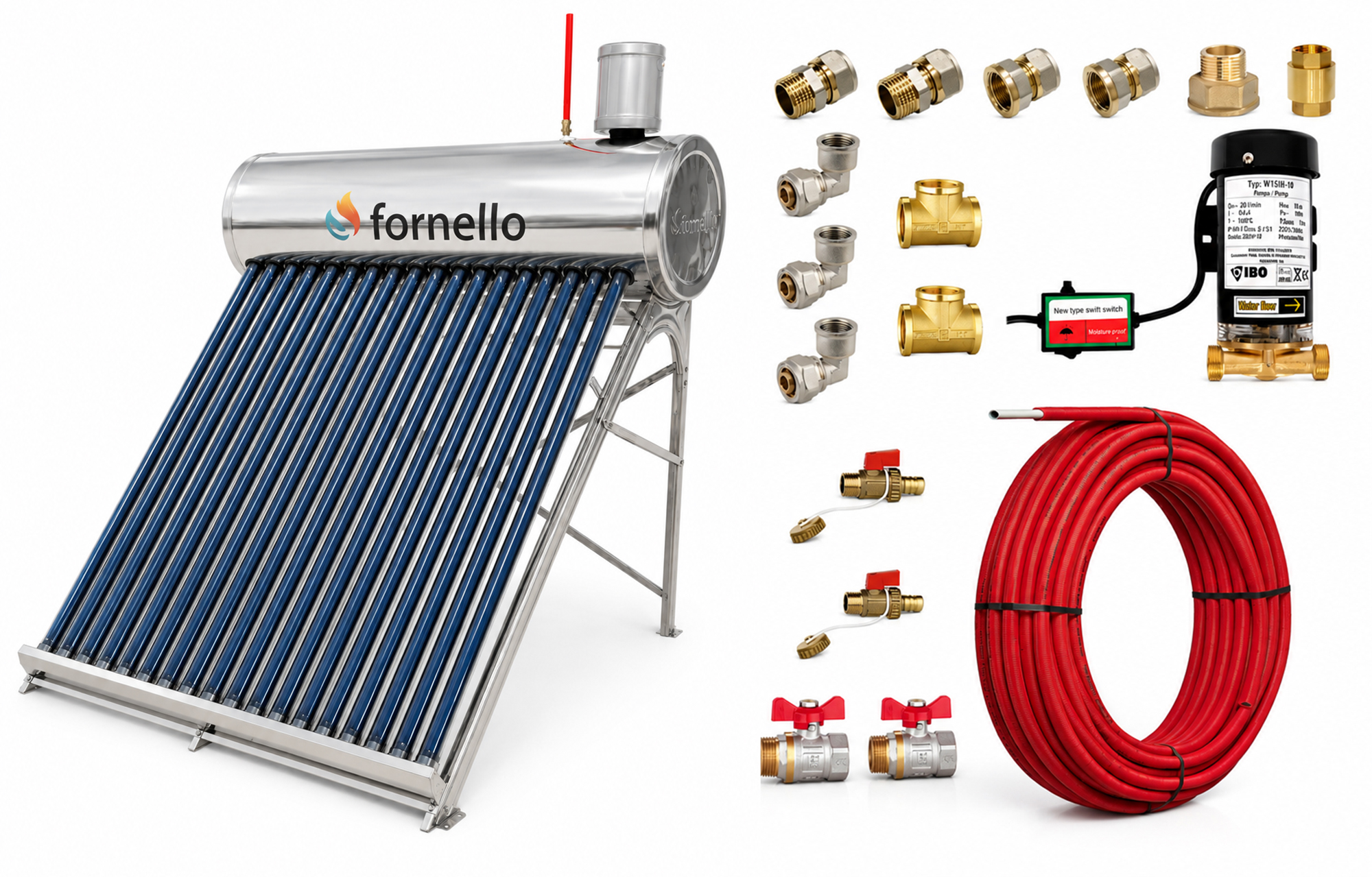 Pachet panou solar nepresurizat Fornello pentru producere apa calda cu rezervor inox 150 litri 18 tuburi vidate vas flotor 5 litri pompa ridicare presiune teava hidronix si fitinguri montaj