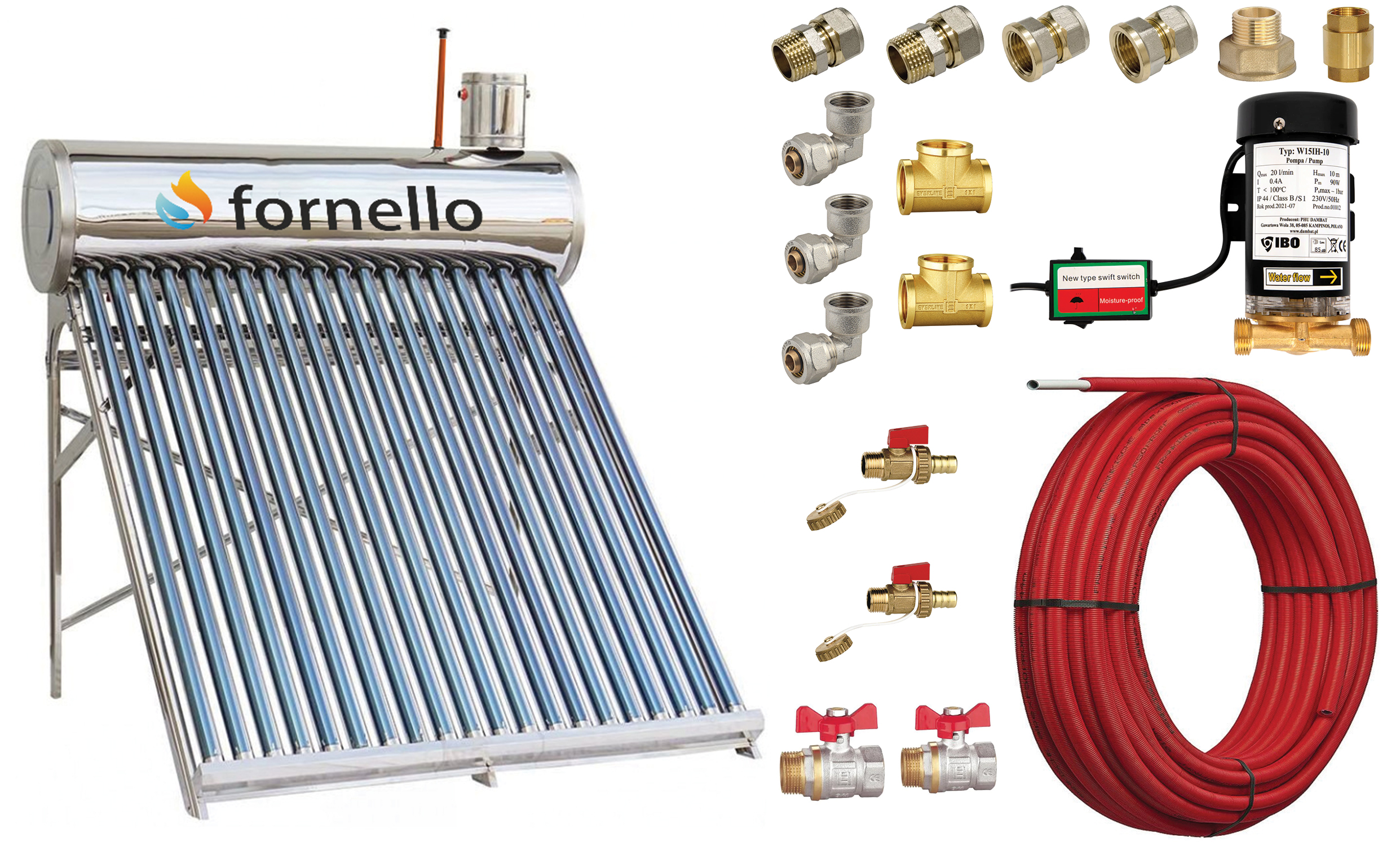 Pachet panou solar nepresurizat Fornello pentru producere apa calda, cu rezervor inox 165 litri, 20 tuburi vidate, vas flotor 5 litri, pompa ridicare presiune, teava hidronix si fitinguri montaj Fornello