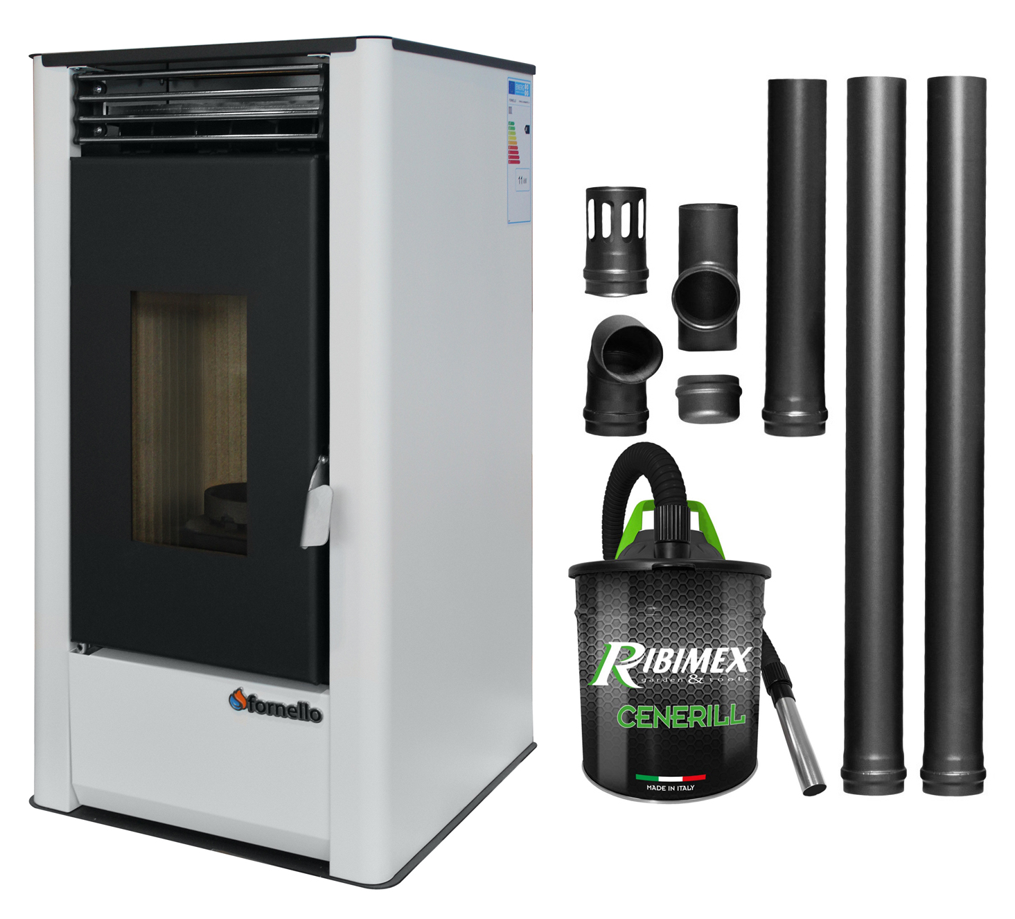 Pachet pentru incalzire Semineu (Soba) pe Peleti cu aer cald Fornello Air SmartPell 11 KW, culoare White, aspirator de cenusa si kit de evacuare 2,5 metri Sobe pe peleti