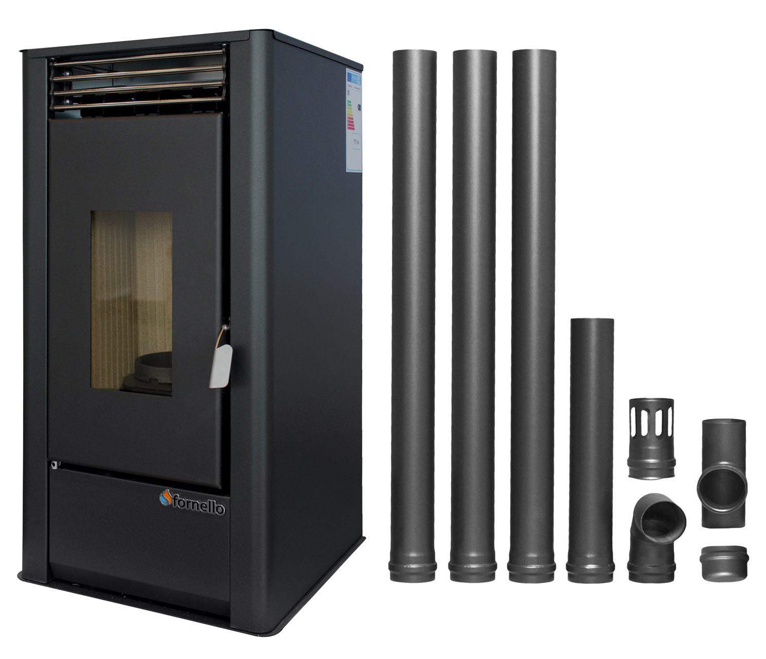 Pachet pentru incalzire Semineu (Soba) pe Peleti cu aer cald Fornello Air SmartPell 11 KW, culoare Black si kit evacuare 3,5 metri Sobe pe peleti