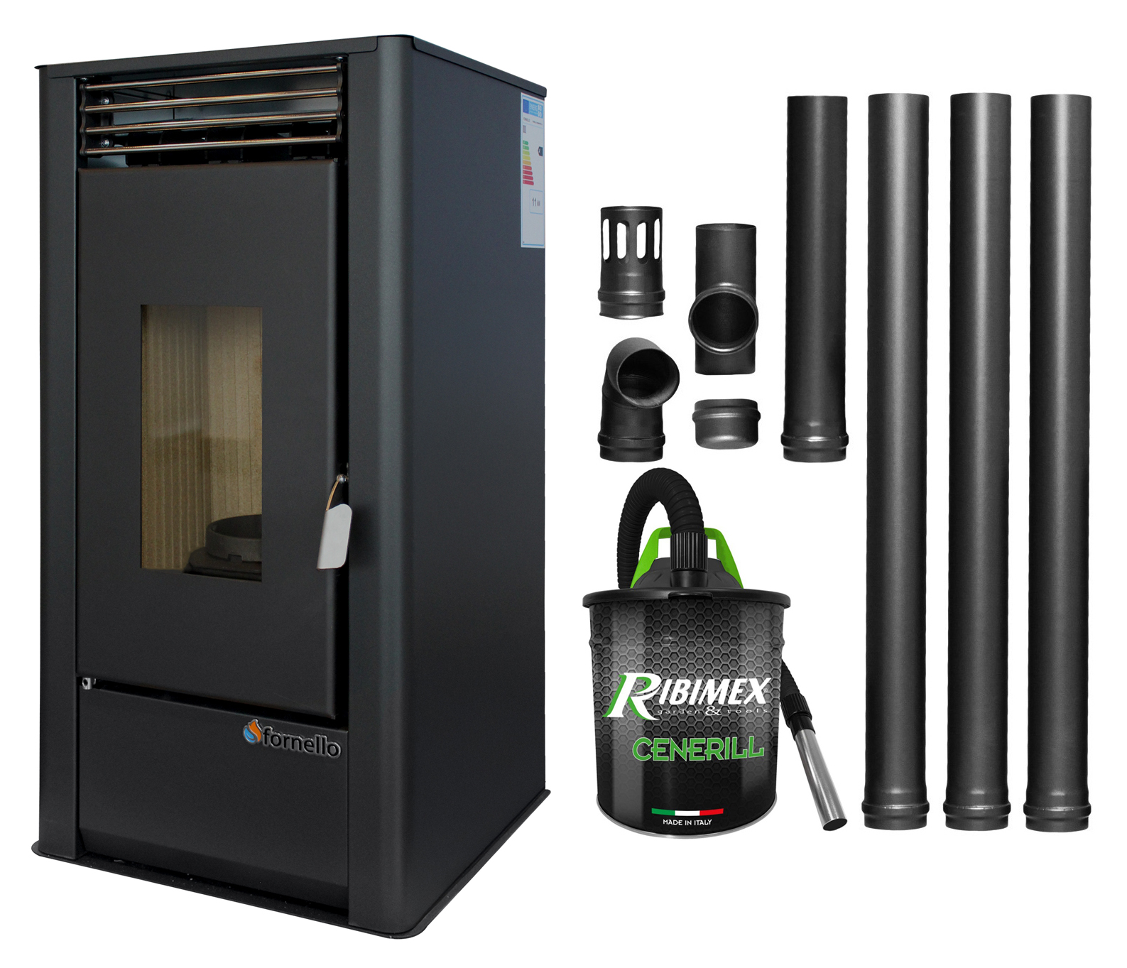 Pachet pentru incalzire Semineu (Soba) pe Peleti cu aer cald Fornello Air SmartPell 11 KW, culoare Black, aspirator de cenusa si kit de evacuare 3,5 metri Sobe pe peleti