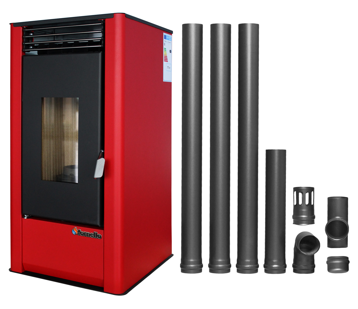 Pachet pentru incalzire Semineu (Soba) pe Peleti cu aer cald Fornello Air SmartPell 11 KW, culoare Bordeaux si kit evacuare 3,5 metri Sobe pe peleti