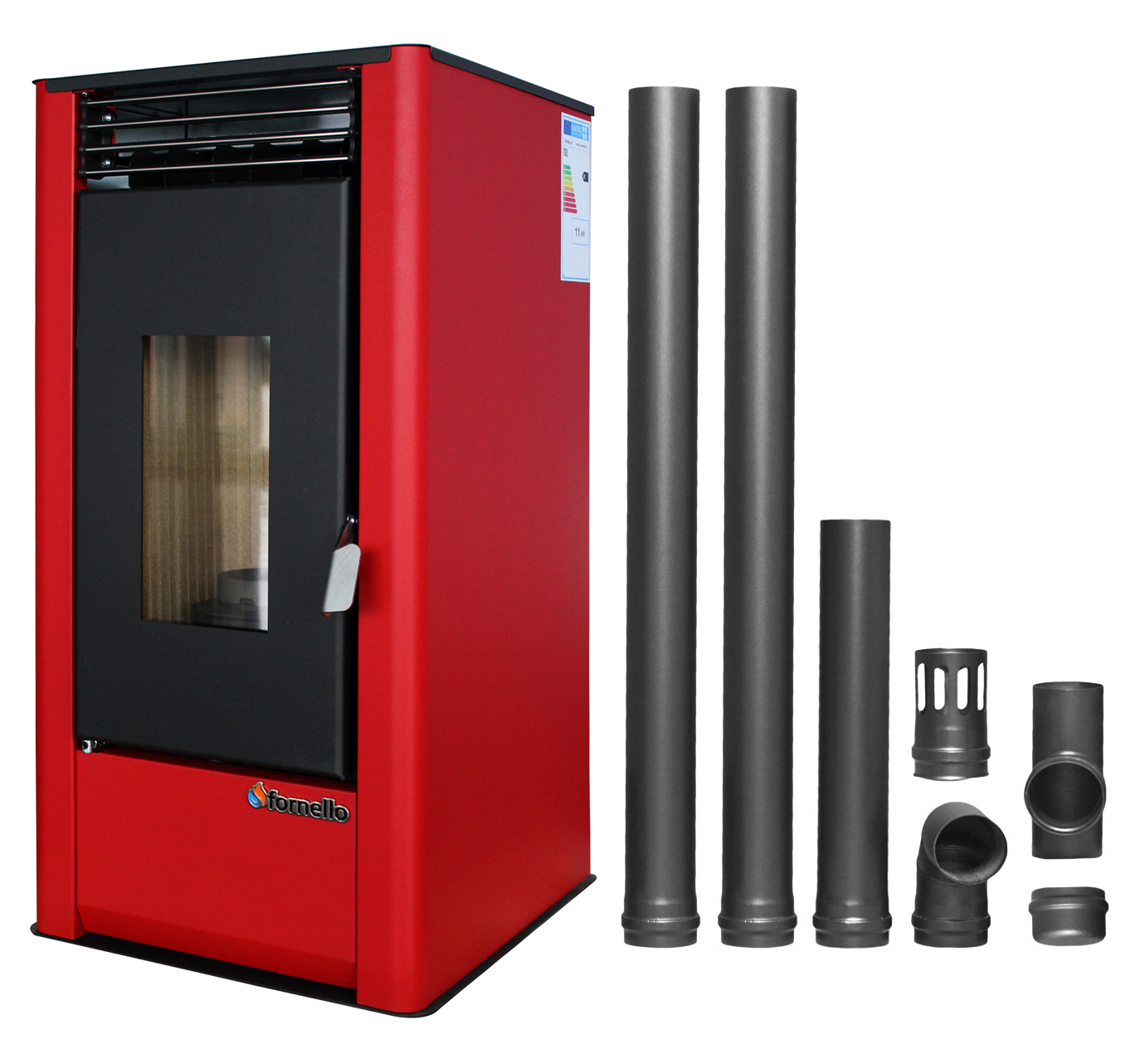 Pachet pentru incalzire Semineu (Soba) pe Peleti cu aer cald Fornello Air SmartPell 11 KW, culoare Bordeaux si kit evacuare 2,5 metri Sobe pe peleti