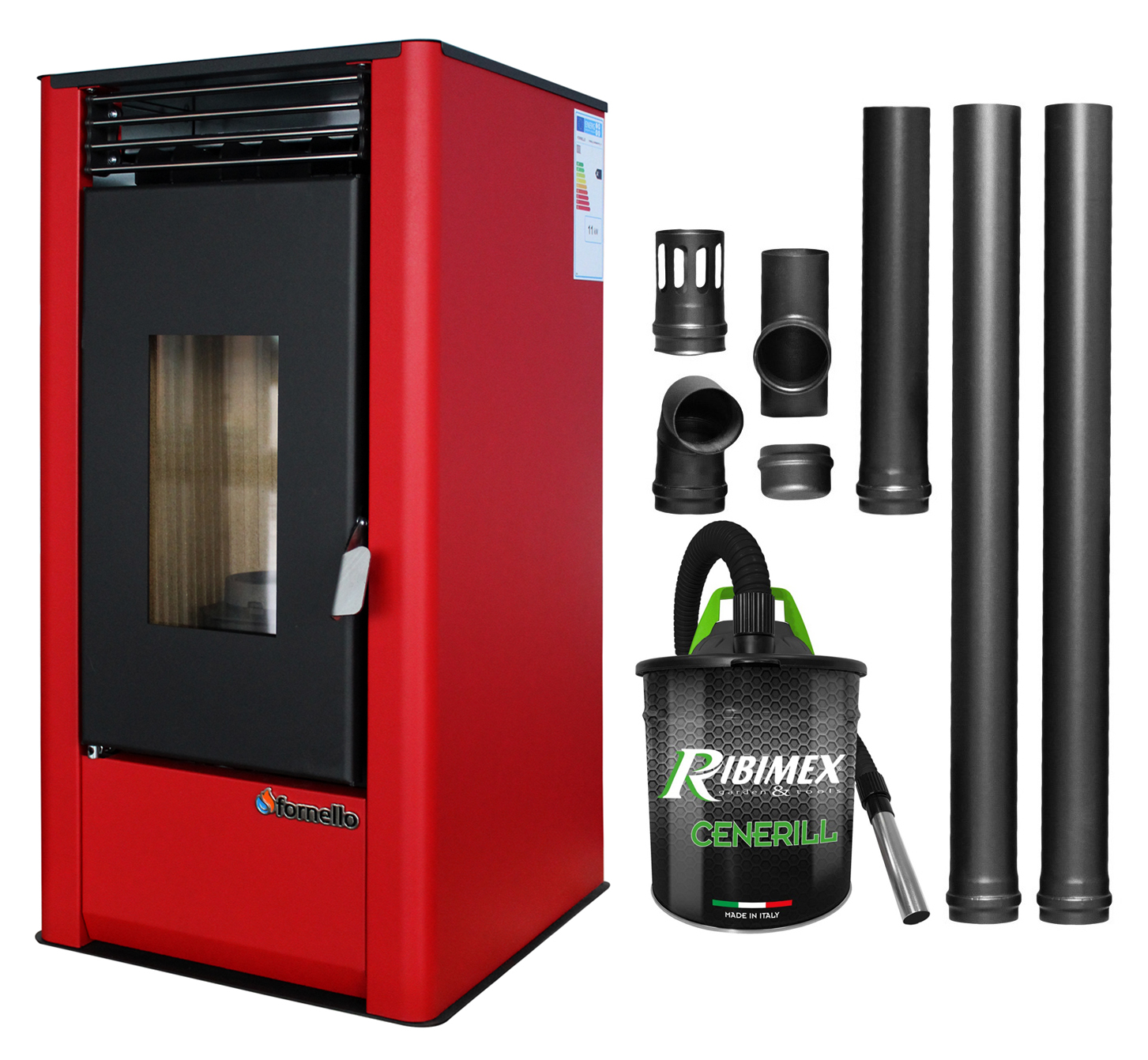 Pachet pentru incalzire Semineu (Soba) pe Peleti cu aer cald Fornello Air SmartPell 11 KW, culoare Bordeaux, aspirator de cenusa si kit de evacuare 2,5 metri Sobe pe peleti
