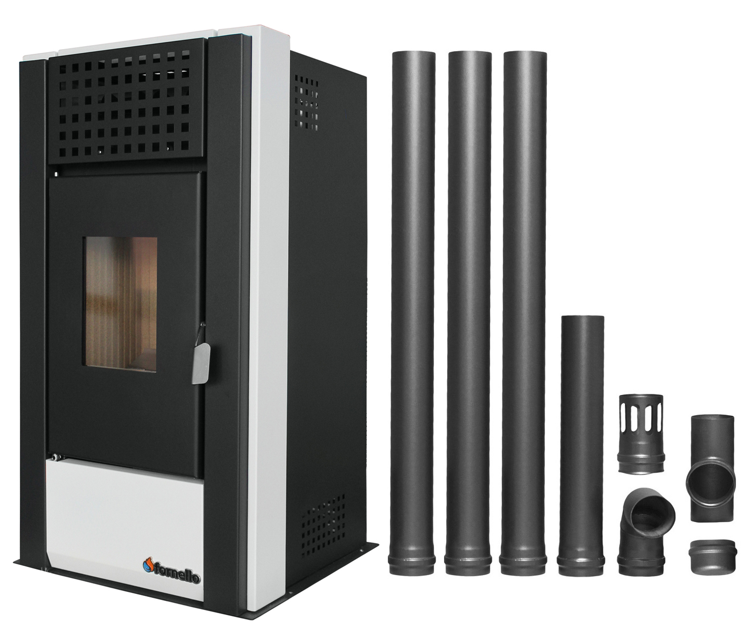 Pachet pentru incalzire Semineu (Soba) pe Peleti cu aer cald Fornello Magnesia 9 KW, culoare White si kit evacuare 3,5 metri Sobe pe peleti