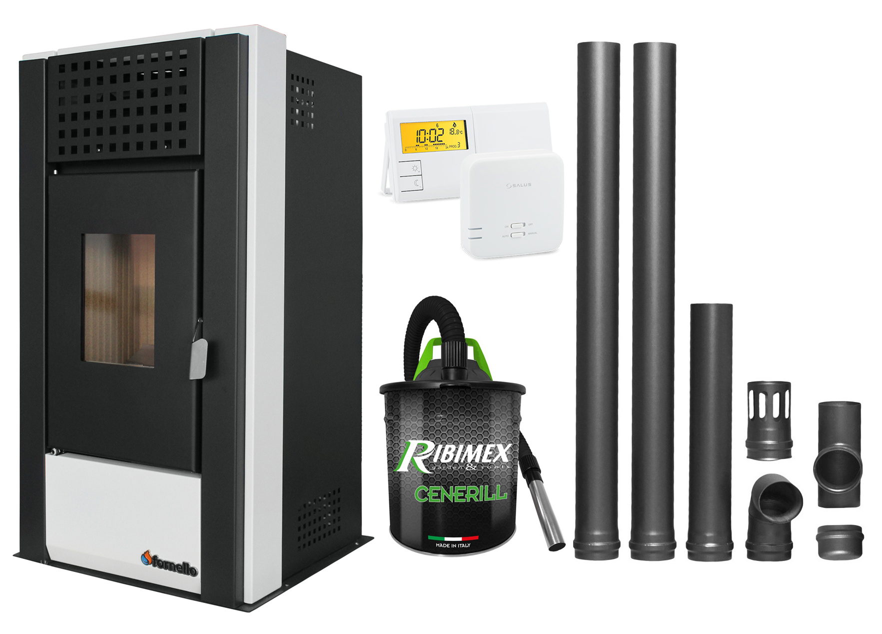 Pachet complet pentru incalzire Semineu (Soba) pe Peleti cu aer cald Fornello Magnesia 9 KW, culoare White, termostat ambiental, aspirator de cenusa si kit de evacuare 2,5 metri Sobe pe peleti