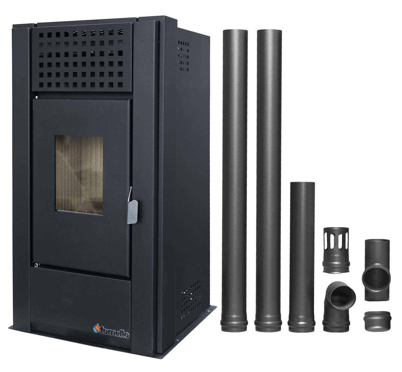 Pachet pentru incalzire Semineu (Soba) pe Peleti cu aer cald Fornello Magnesia 9 KW, culoare Black si kit evacuare 2,5 metri Sobe pe peleti