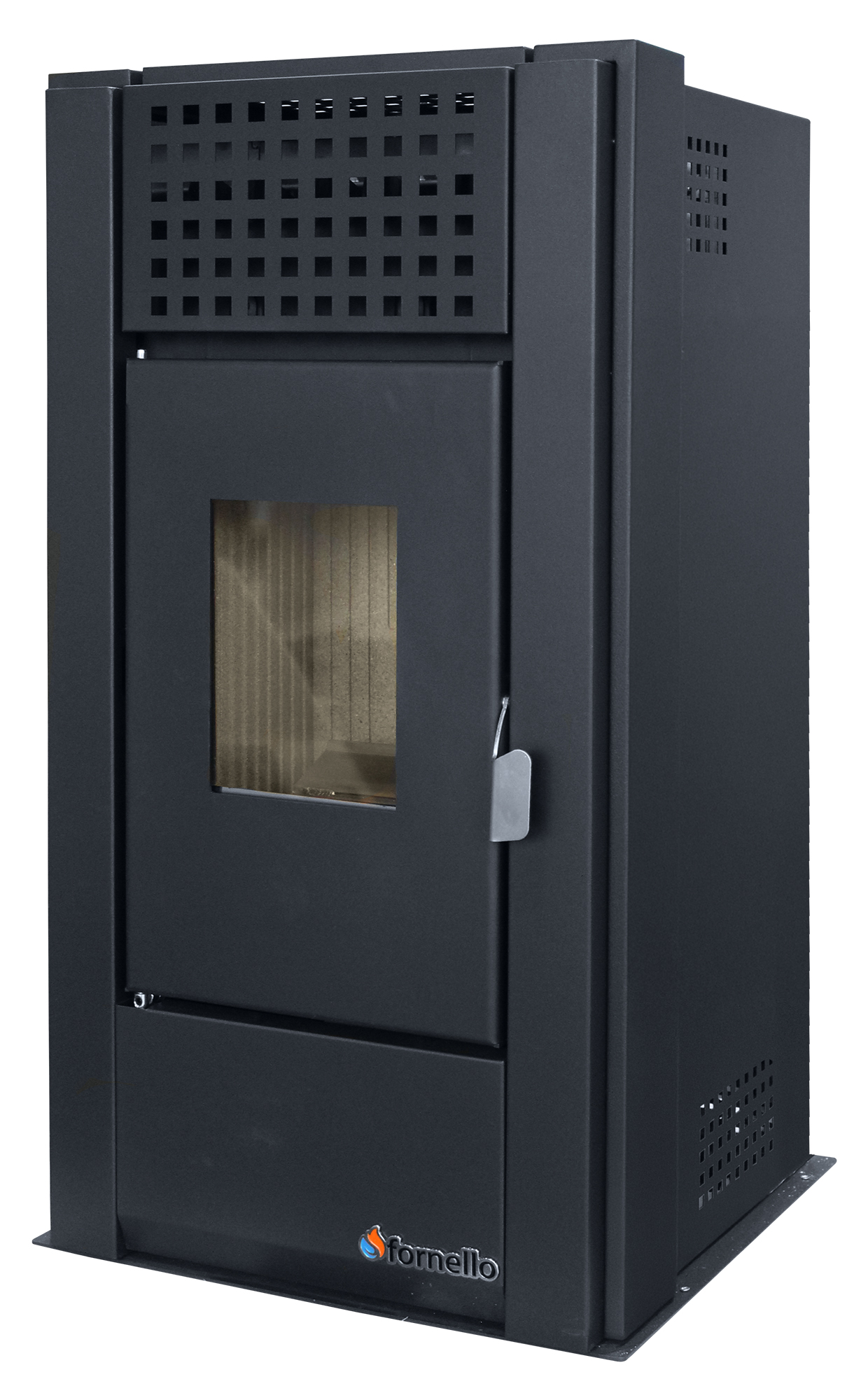 Pachet pentru incalzire Semineu (Soba) pe Peleti cu aer cald Fornello Magnesia 9 KW culoare Black si kit evacuare 25 metri