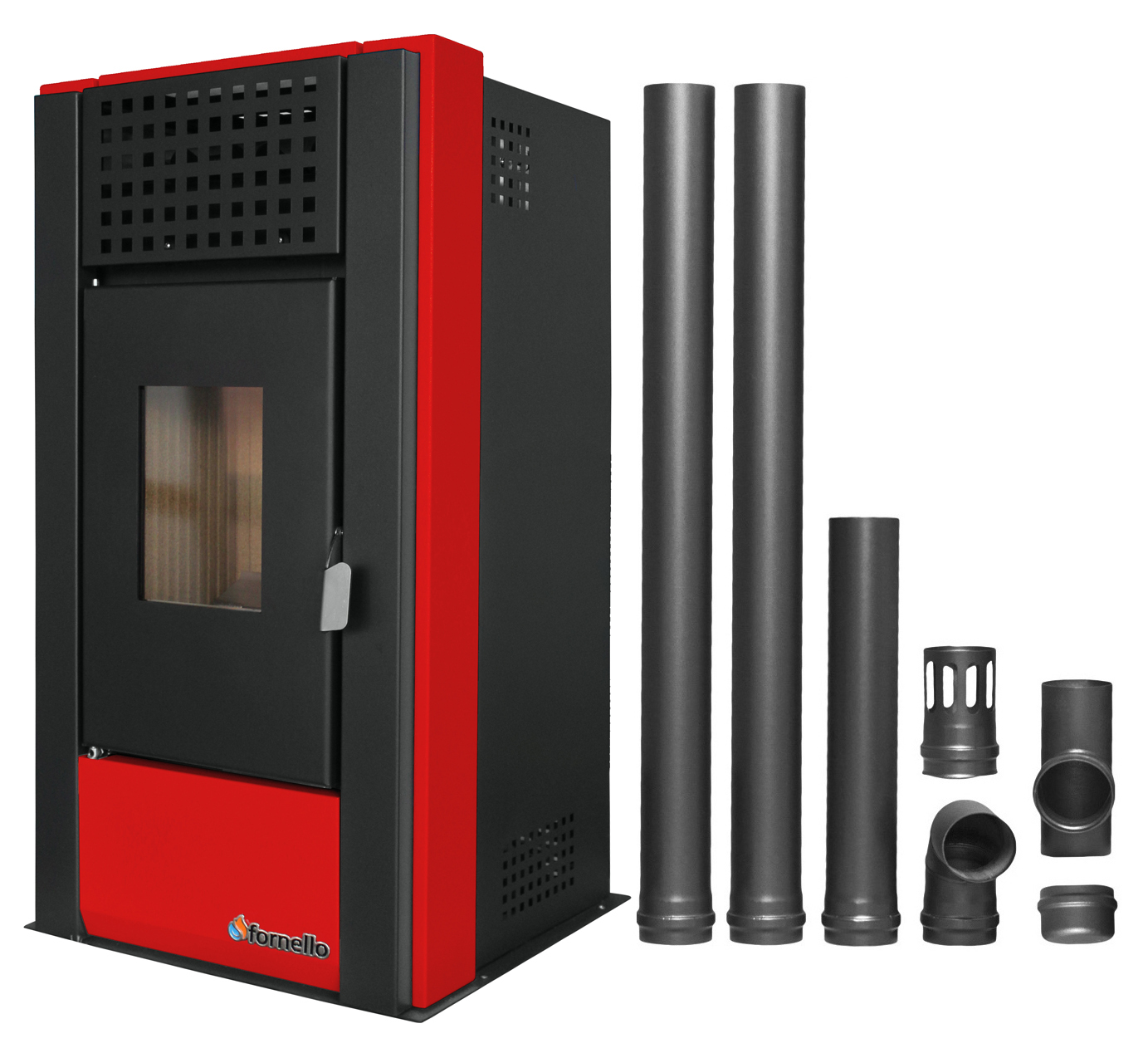 Pachet pentru incalzire Semineu (Soba) pe Peleti cu aer cald Fornello Magnesia 9 KW, culoare Bordeaux si kit evacuare 2,5 metri Sobe pe peleti