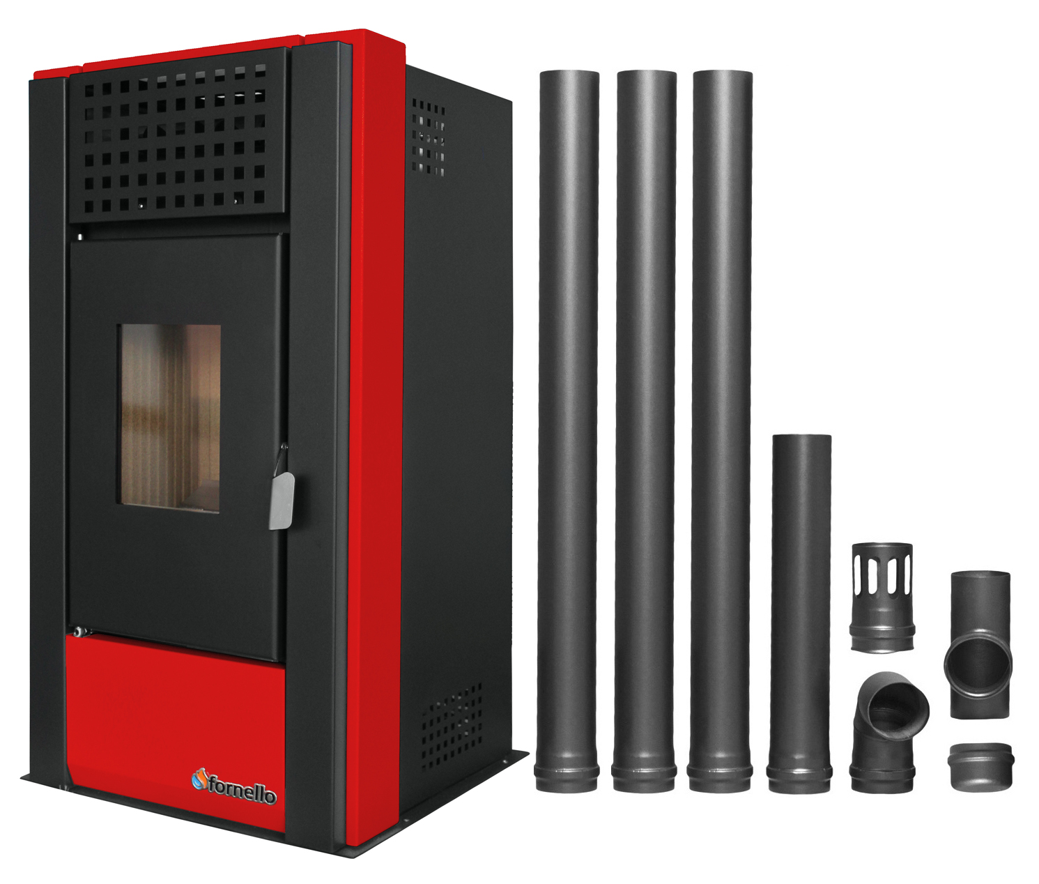 Pachet pentru incalzire Semineu (Soba) pe Peleti cu aer cald Fornello Magnesia 9 KW, culoare Bordeaux si kit evacuare 3,5 metri Sobe pe peleti