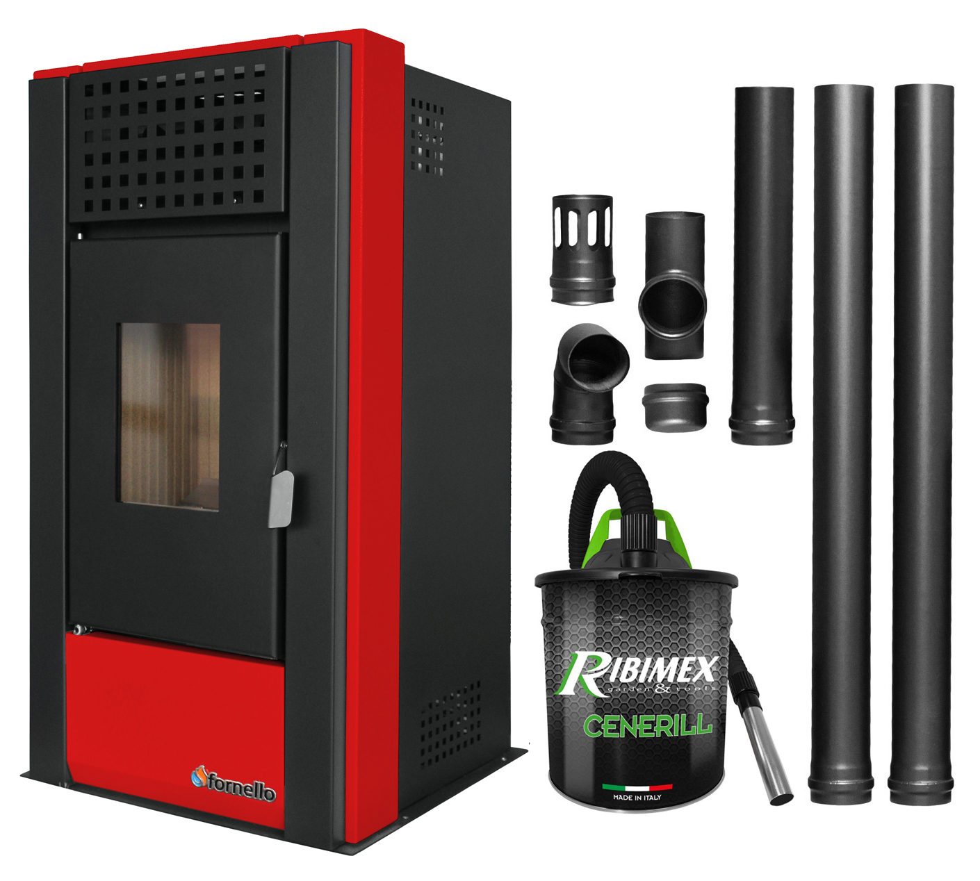 Pachet pentru incalzire Semineu (Soba) pe Peleti cu aer cald Fornello Magnesia 9 KW, culoare Bordeaux, aspirator de cenusa si kit de evacuare 2,5 metri Sobe pe peleti