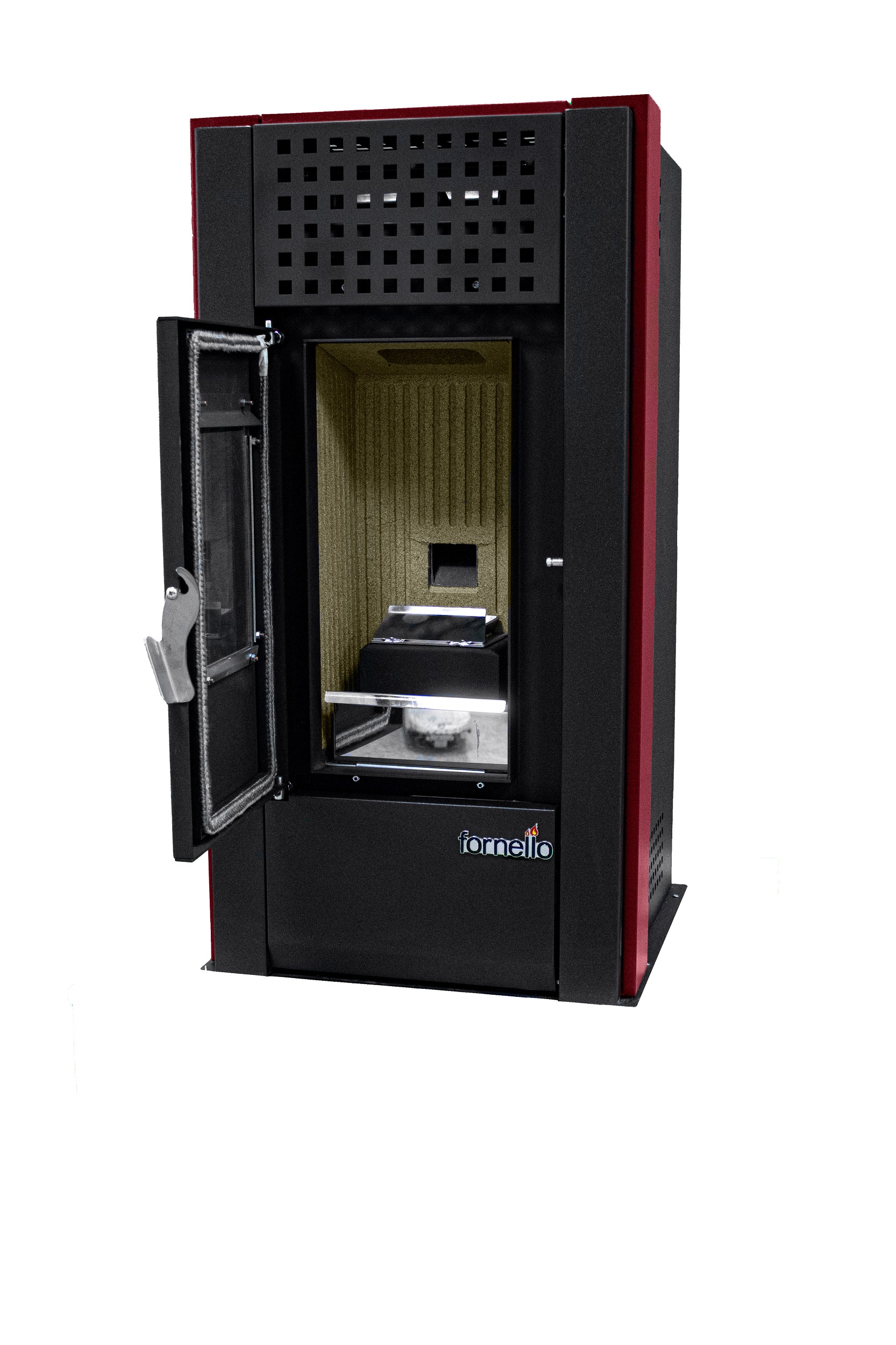 Pachet pentru incalzire Semineu (Soba) pe Peleti cu aer cald Fornello Magnesia 9 KW culoare Bordeaux aspirator de cenusa si kit de evacuare 35 metri