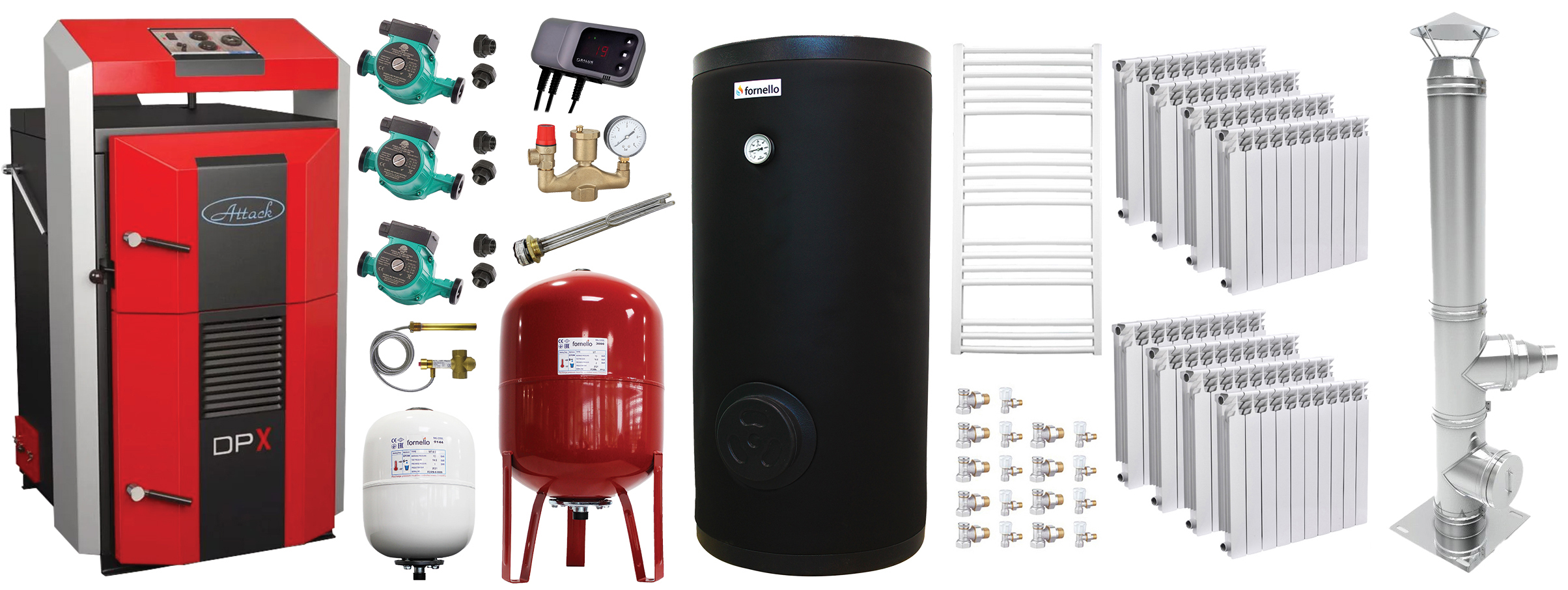 Pachet premium Cazan (centrala) pe combustibil solid, Attack DPX Standard cu gazeificare, 45 kW, calorifere aluminiu, cos inox, boiler de sol cu rezistenta, 2 x vas expansiune, 3 x pompe circulare, controller pompa, grup siguranta si vana sts