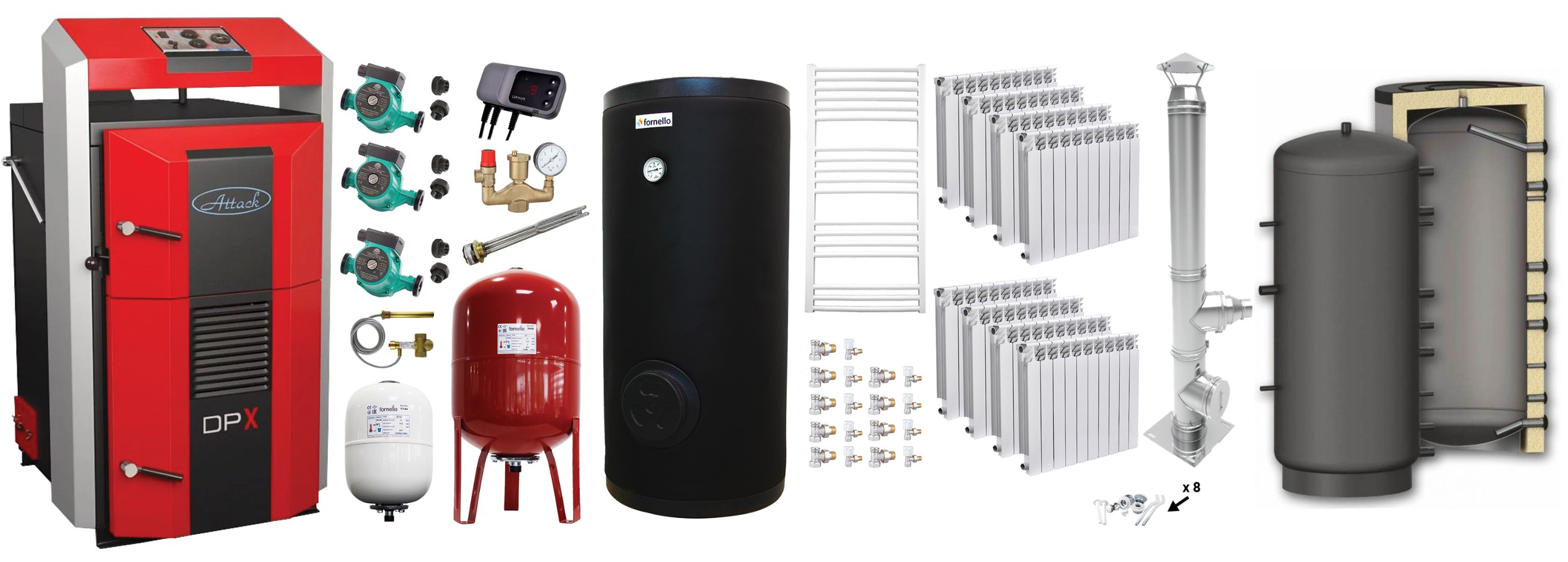 Pachet premium Cazan (centrala) pe combustibil solid, Attack DPX Standard cu gazeificare, 45 kW, Puffer 1000 litri, calorifere aluminiu, cos inox, boiler, 2 x vas expansiune, 3 x pompe circulare, controller pompa, grup siguranta si vana sts