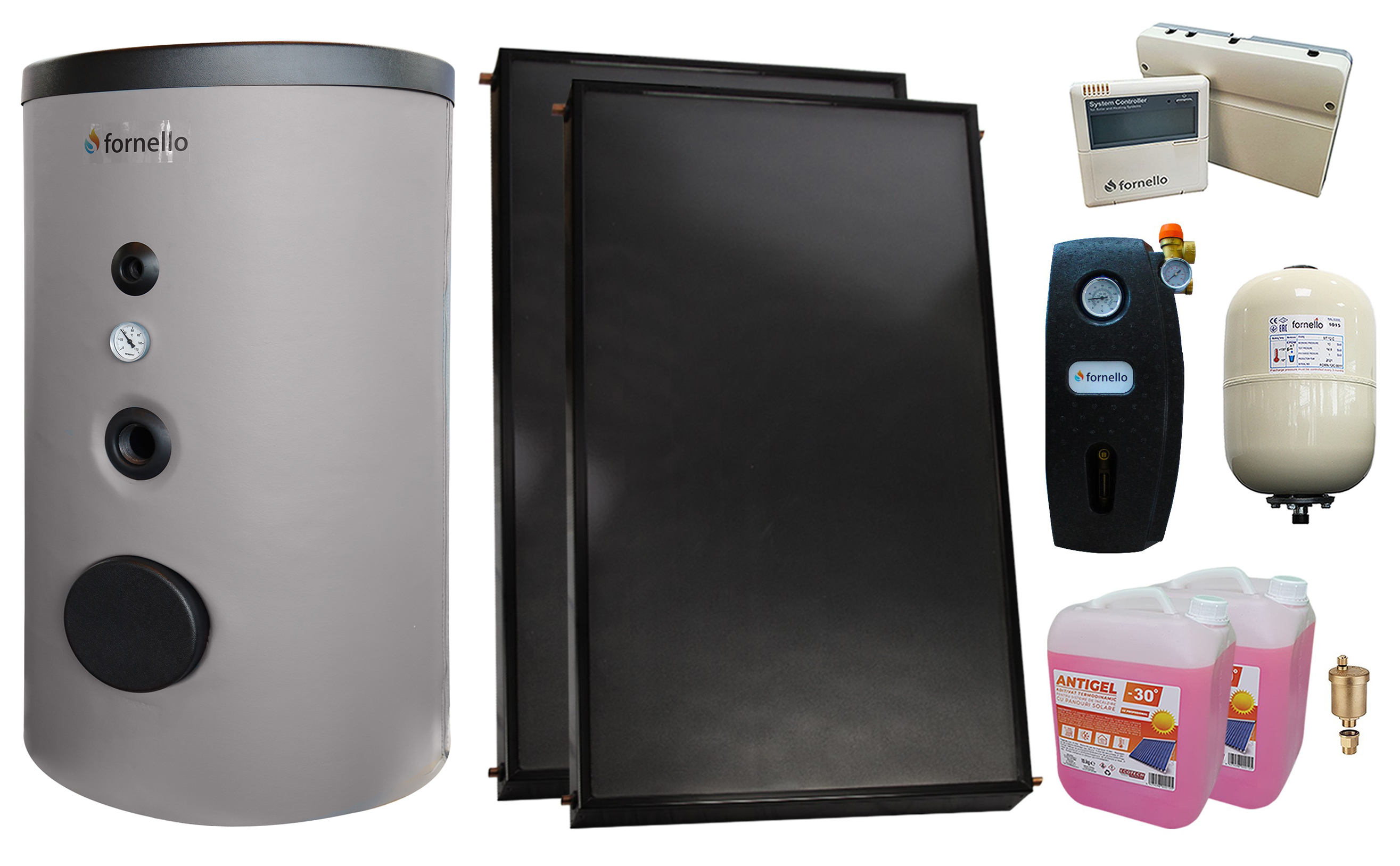 Pachet sistem solar presurizat, 2 x Panou solar plan Fornello 2.0 m² SPFP, Boiler Fornello Optima EV 6/4 S2, 160 Litri, Controller, Vas expansiune, Grup pompare, Aerisitor, Antigel