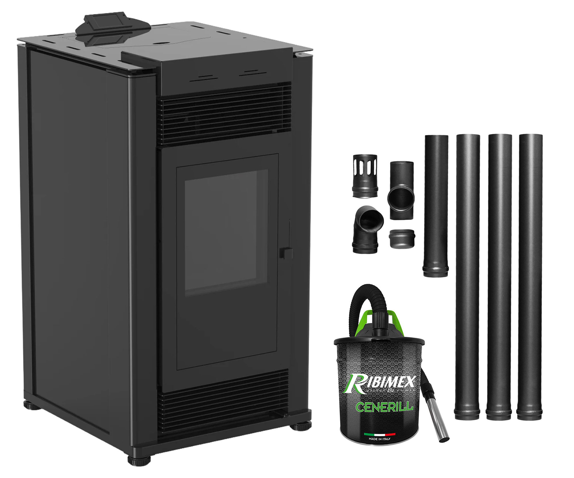 Pachet Semineu pe peleti cu aer cald Fiama Maxima 14 kw, aprindere electrica, tiraj fortat, wifi, focar din fonta, recomandat pentru 140 mp, Black, Kit evacuare 3.5 ml si Aspirator cenusa