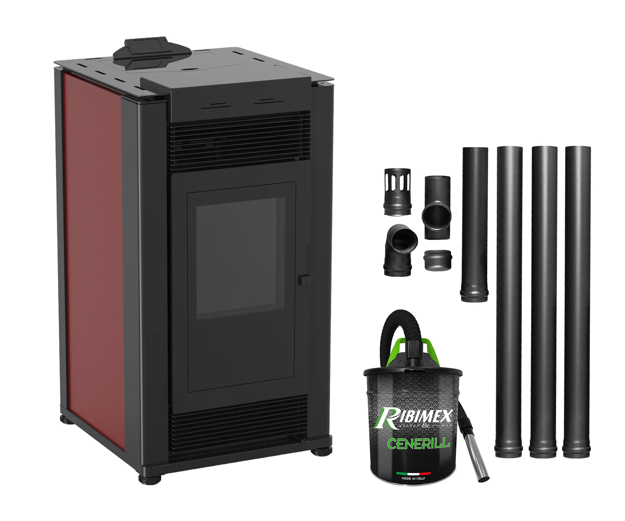 Pachet Semineu pe peleti cu aer cald Fiama Maxima 14 kw, aprindere electrica, tiraj fortat, wifi, focar din fonta, recomandat pentru 140 mp, Bordeaux, Kit evacuare 3.5 ml si Aspirator cenusa