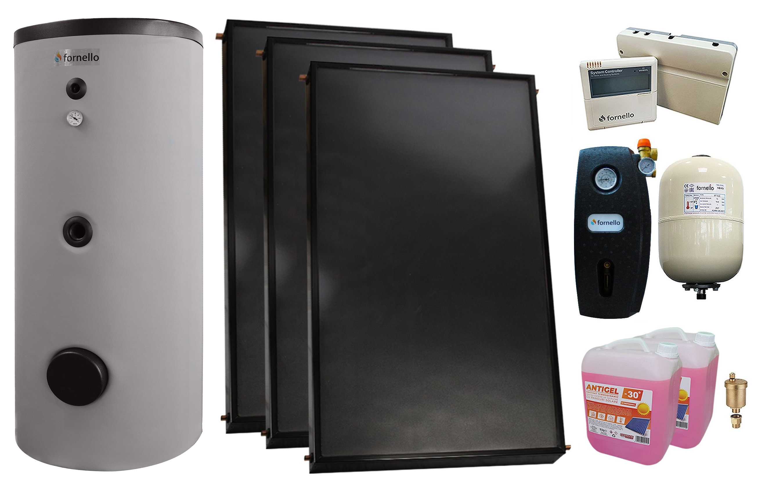 Pachet sistem solar presurizat, 3 x Panou solar plan Fornello 2.0 m² SPFP, Boiler de SOL cu 2 serpentine Fornello Optima EV 300 LT 2S, Grup pompare, Controller, Vas expansiune, Antigel, Aerisitor