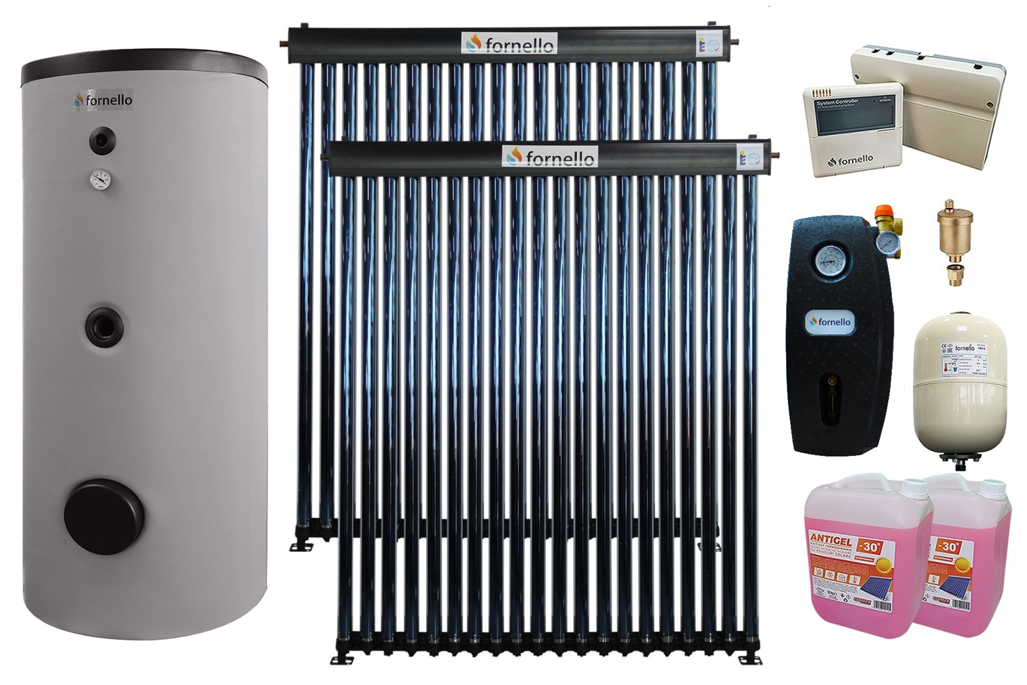 Pachet sistem solar presurizat, Panou Fornello 40 Tuburi Heat Pipe, Boiler de SOL cu 2 serpentine Fornello Optima EV 300 LT 2S, Controller, Vas expansiune, Grup pompare, Aerisitor, Antigel