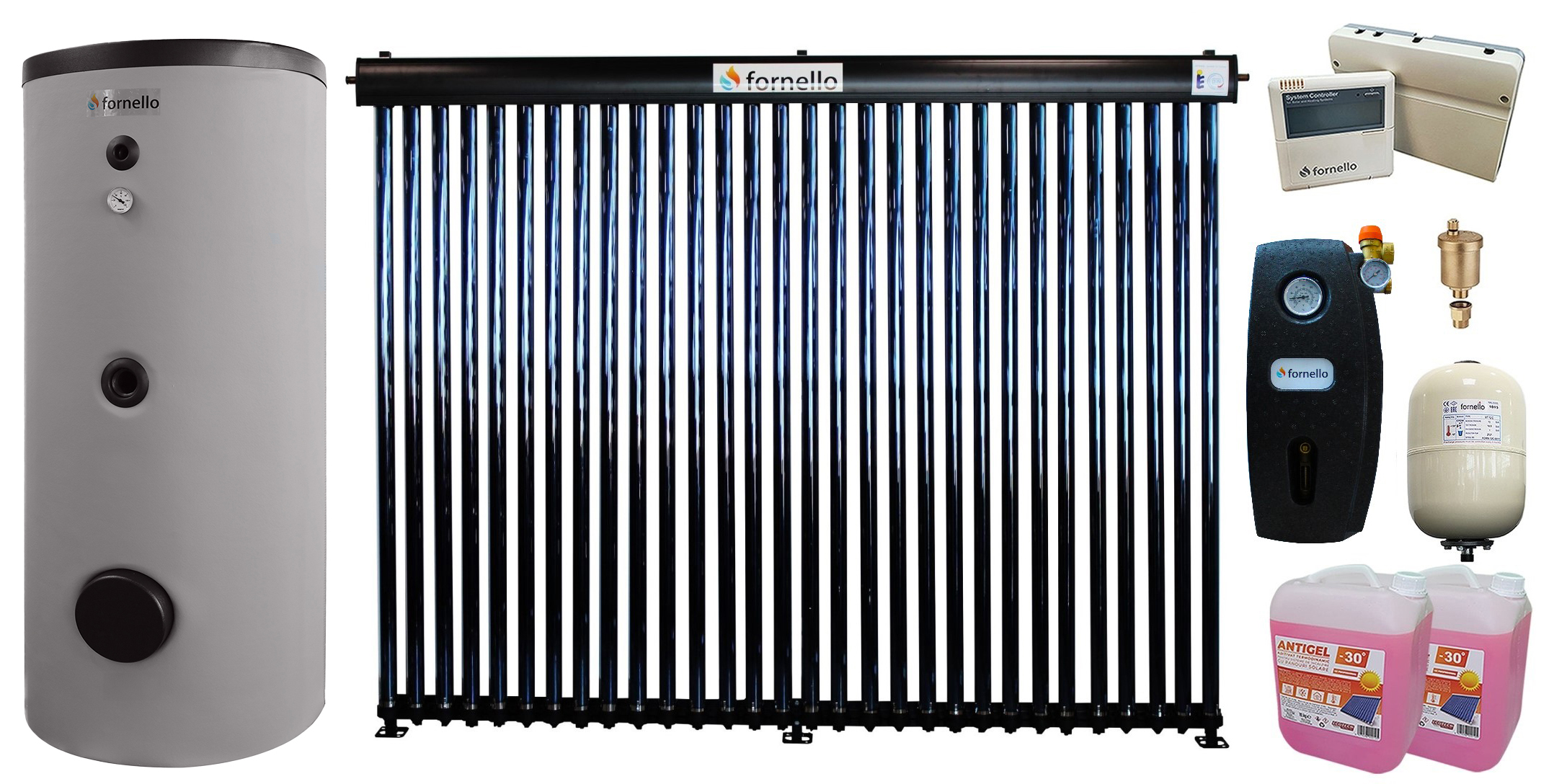 Pachet sistem solar presurizat, Panou Fornello 30 Tuburi Heat Pipe, Grup pompare, Boiler de SOL cu 2 serpentine Fornello Optima EV 200 LT 2S, Controller, Vas expansiune, Aerisitor, Antigel