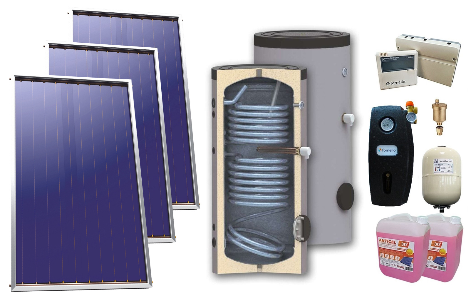 Pachet solar, presurizat, 3 x Panou solar plan Sunsystem Select PK SL CL NL 2.15 m², Boiler de sol Sunsystem SON 300, Controller, Vas expansiune, Grup pompare, Antigel