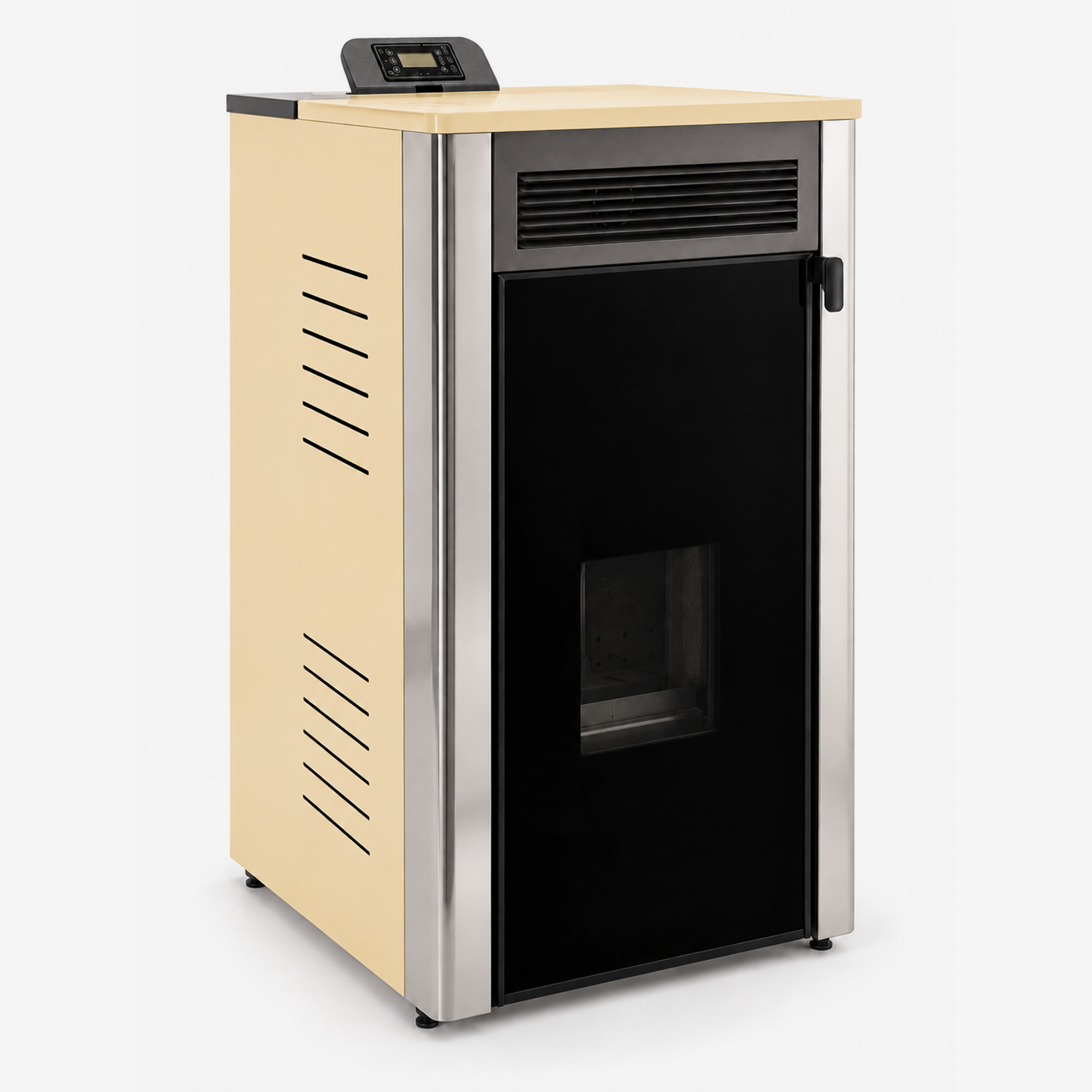 Pachet Termoșemineu Fornello Primo Truva 25 kW Ivory pompa de circulatie vas de expansiune supape de siguranta curatare mecanica creuzet Boiler 100 l kit evacuare 3.5 ml Termostat Salus 091FLRFV2 Aspirator Cenusa si fitinguri