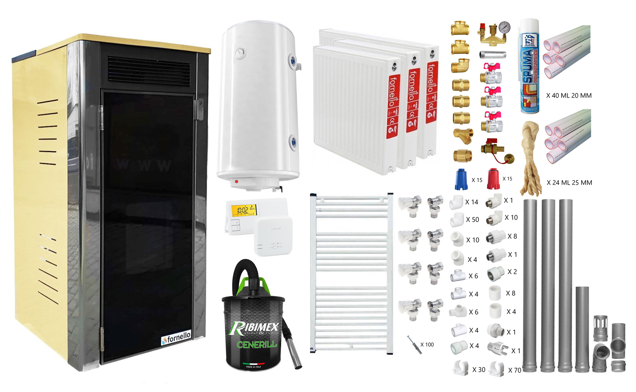 Pachet 2 camere, termoșemineu Fornello Primo Truva 25 kW Ivory, pompa de circulatie, vas de expansiune, supape de siguranta, curatare mecanica creuzet, Boiler, kit evacuare, Termostat, Aspirator, Fitinguri si teava PPR