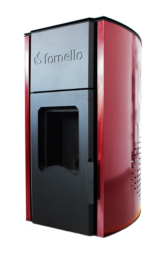 Semineu soba pe peleti cu tiraj fortat Fornello Sophia Premium 11 kw aprindere electrica telecomanda culoare Bordeaux recomandat pentru 110 mp focar din fonta capacitate buncar 22 kg Kit Evacuare 25 ml