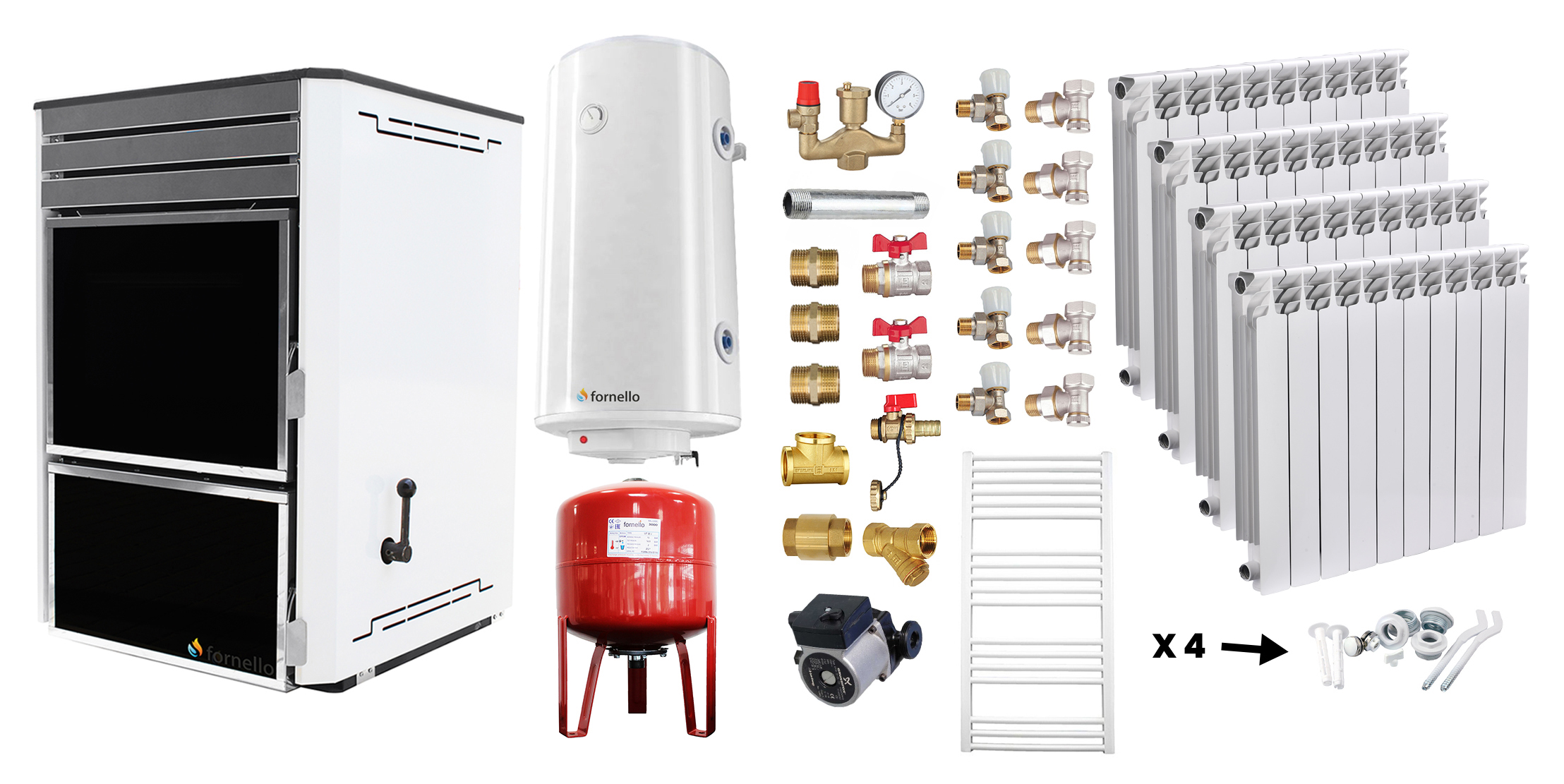 Pachet Termosemineu Fornello Dila Eco 29 kw pe combustibil solid ( lemn,carbune,bricheti ), calorifere aluminiu, boiler Fornello gcvs 100 l, vas expansiune, pompa circulare grundfos, termometru, termostat, regulator tiraj si fitinguri montaj