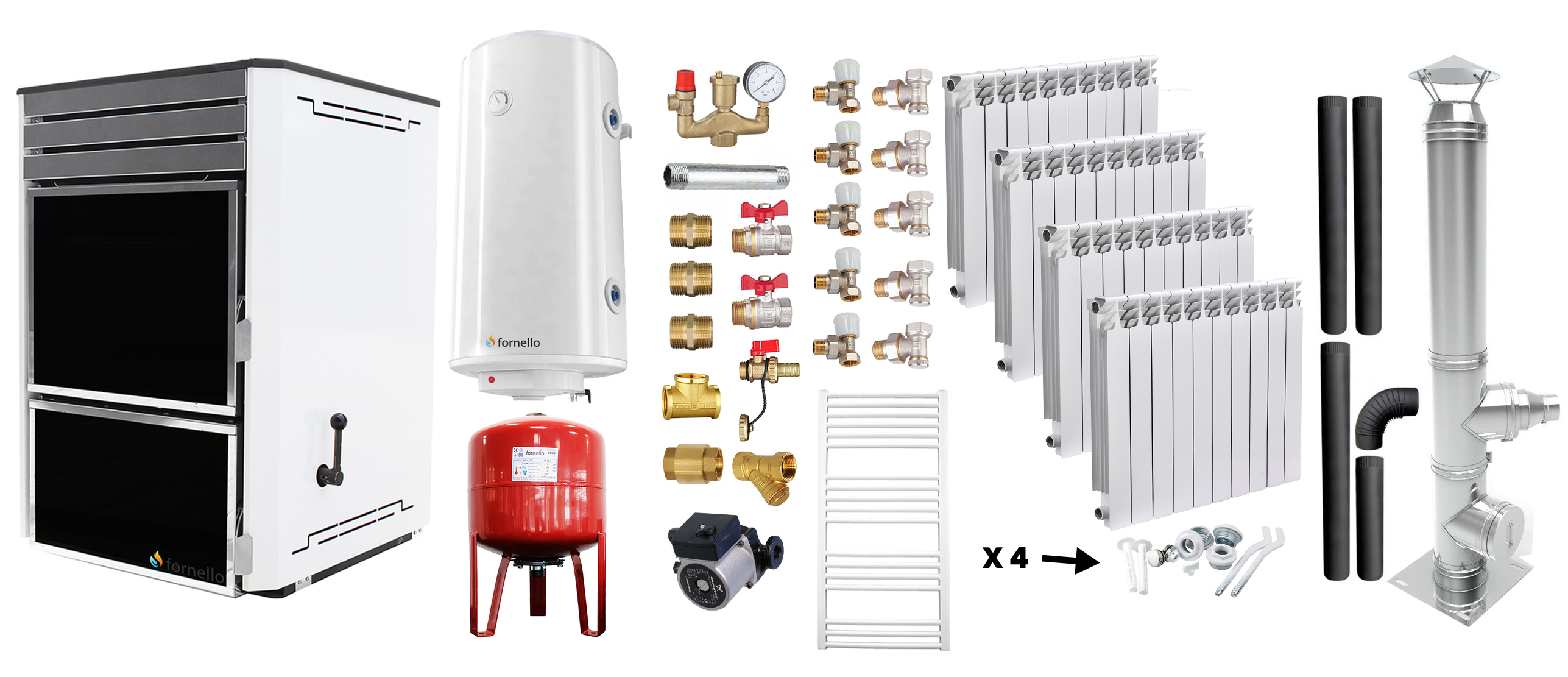 Pachet Termosemineu Fornello Dila Eco 29 kw pe combustibil solid ( lemn,carbune,bricheti ), calorifere aluminiu, cos evacuare, boiler Fornello gcvs 100 l, vas expansiune, pompa circulare grundfos, termometru, termostat, regulator tiraj si fitinguri m
