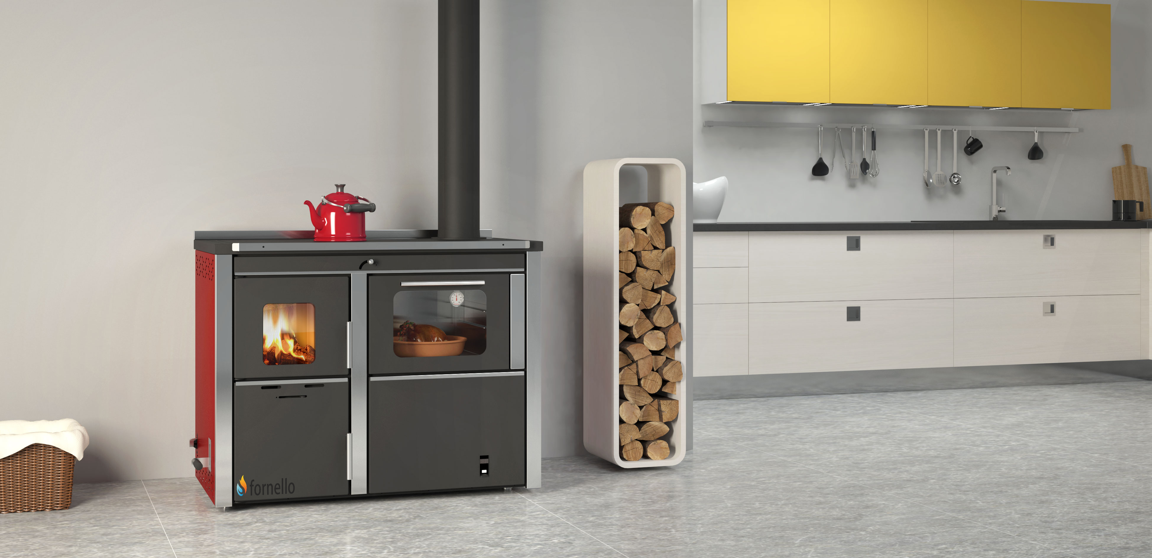 Pachet Termosemineu FORNELLO STAR Red 34 kw pe combustibil solid ( lemncarbunebricheti ) prevazut cu plita si cuptor pentru gatit echipat cu pompa de circulare cos inox boiler termoelectric 100l vas expansiune kit montaj
