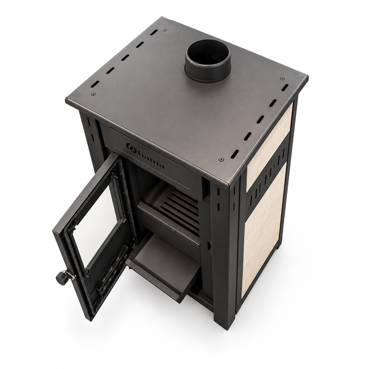 Pachet Termosemineu pe lemne brichete si carbune FIAMA AMBASADOR Ivory 24.5 kW boiler termoelectric 100l vas expansiune pompa circulatie kit evacuare si kit montaj