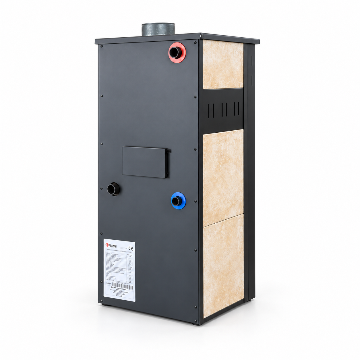 Pachet Termosemineu pe lemne brichete si carbune FIAMA AMBASADOR Ivory 24.5 kW boiler termoelectric 100l teava vas expansiune pompa circulatie kit evacuare si fitinguri