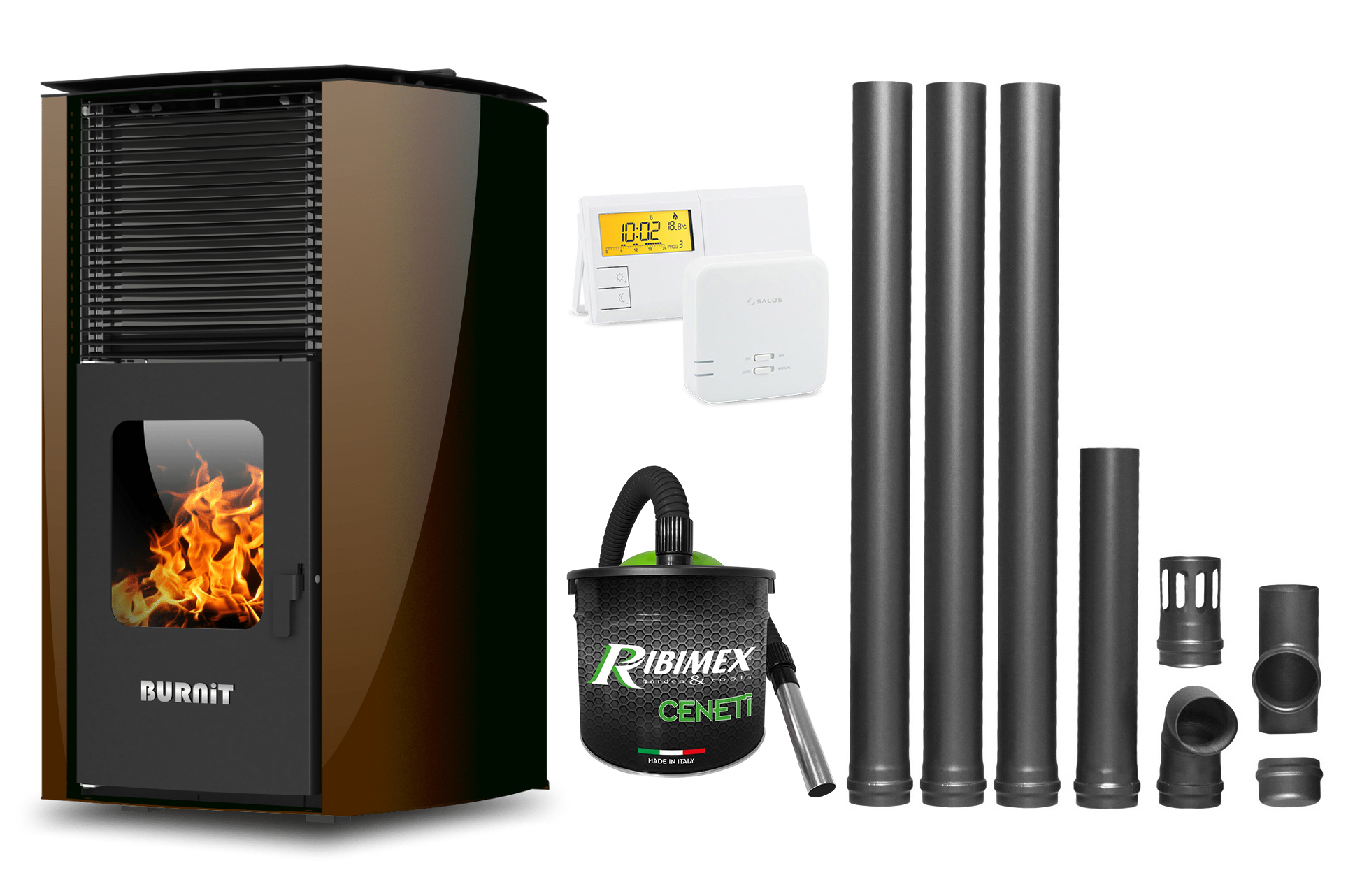 Pachet Termosemineu pe peleti Burnit Advant Novation Brown 25 kw, echipata cu pompa de circulatie, vas de expansiune, automatizare, Termostat Radio Comanda Salus 091FLRFV2, Aspirator Cenusa si Kit evacuare 3.5 ml