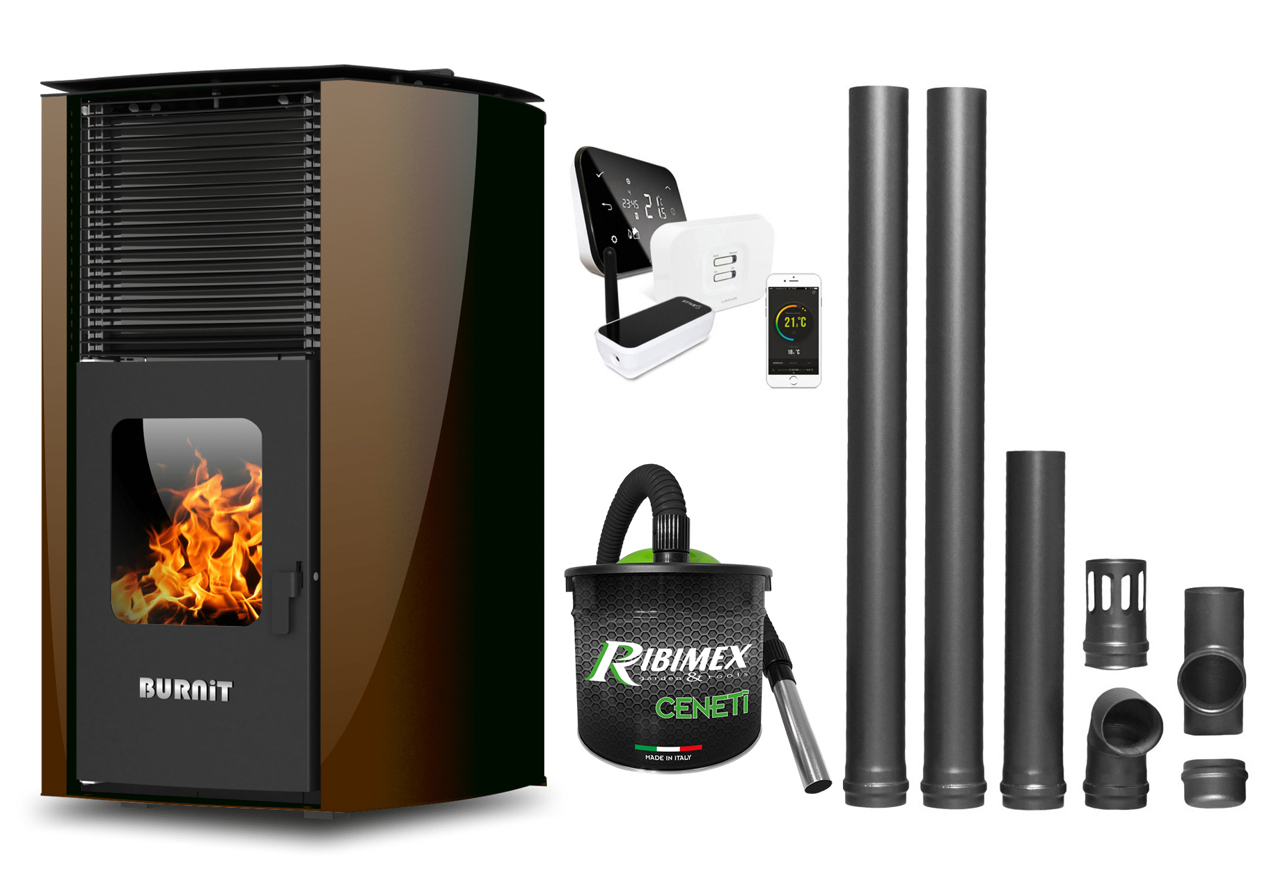 Pachet control de la distanta Termosemineu pe peleti Burnit Advant Novation Brown 25 kw, echipata cu pompa de circulatie, vas de expansiune, automatizare, Termostat, Aspirator Cenusa si Kit evacuare 2.5 ml