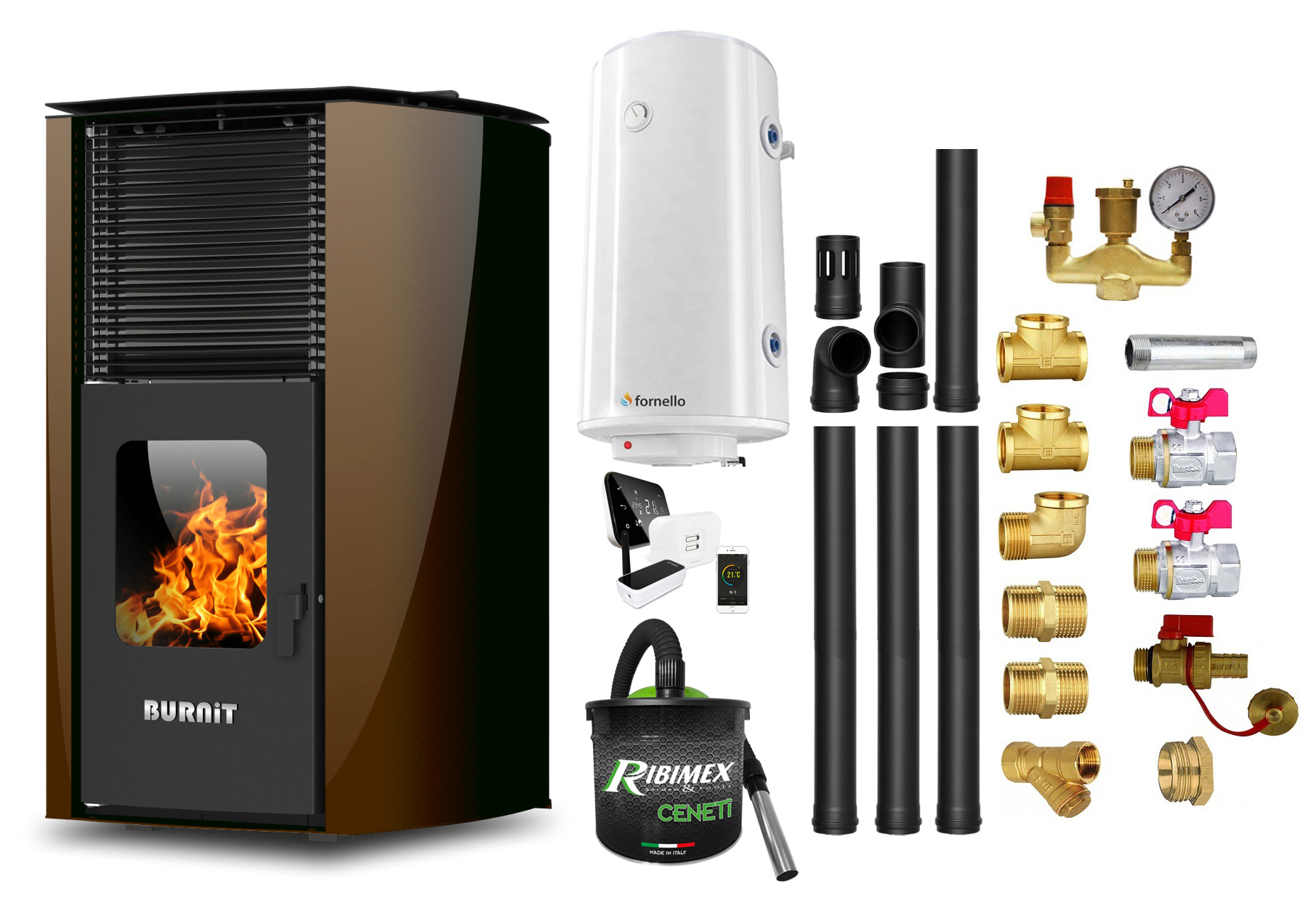 Pachet  control de la distanta Termosemineu pe peleti Burnit Advant Novation Brown 25 kw, echipata cu pompa de circulatie, vas de expansiune, automatizare, Fitinguri, Boiler, Termostat, Aspirator Cenusa si Kit evacuare 3.5 ml
