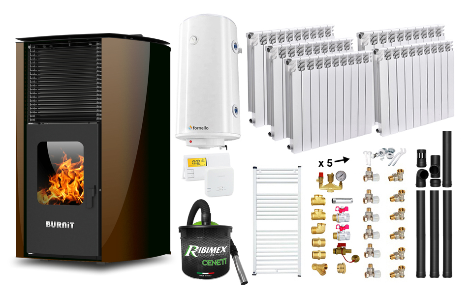 Pachet Termosemineu pe peleti Burnit Advant Novation Brown 25 kw, echipata cu pompa de circulatie, vas de expansiune, automatizare, Calorifere aluminiu, Fitinguri, Boiler, Termostat Radio Comanda Salus 091FLRFV2, Aspirator Cenusa si Kit evacuare 3.5