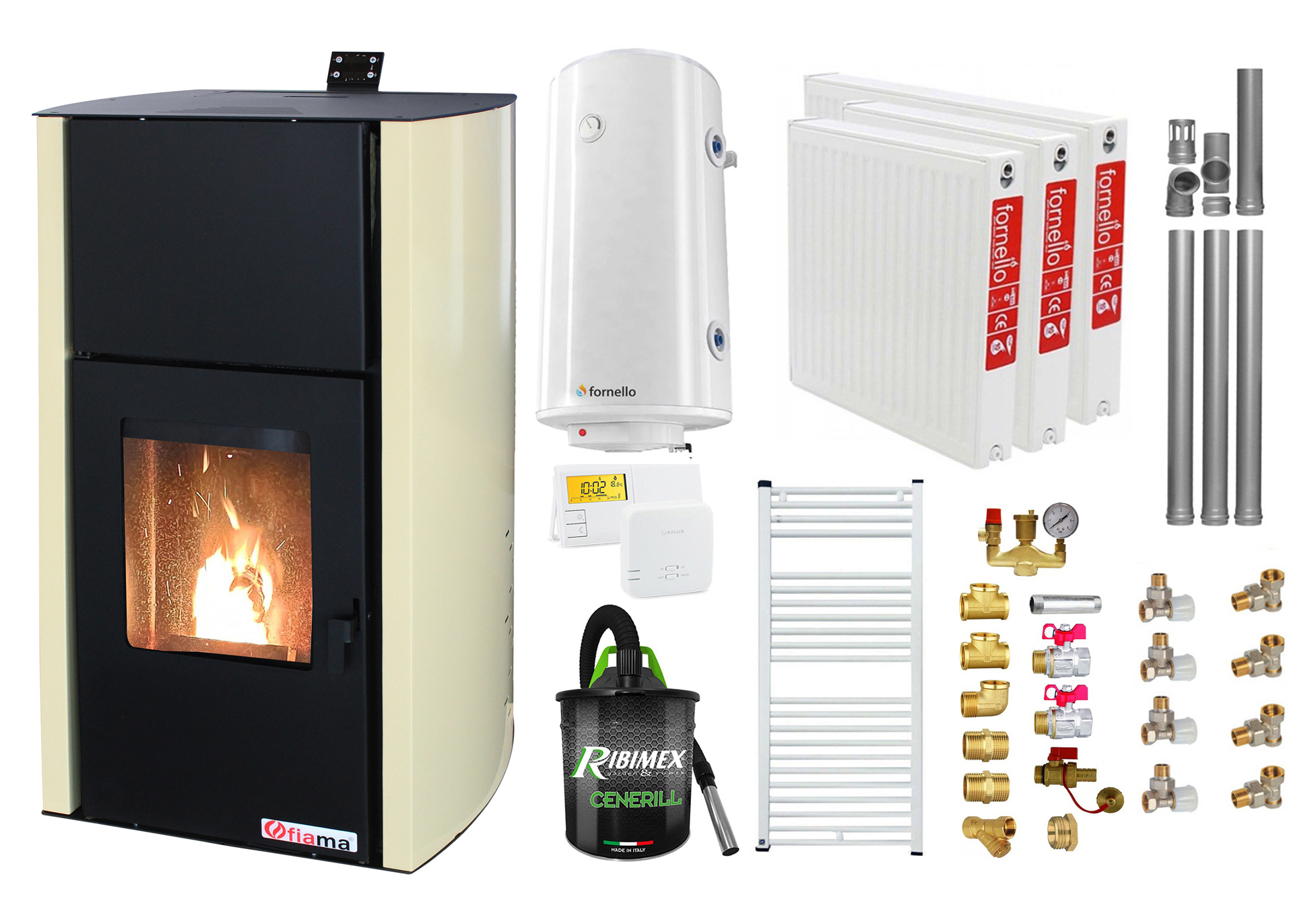 Pachet Termosemineu pe peleti Fiama Confort 12 kw, complet echipat pentru incalzire, Pompa, Vas expansiune, Automatizare, Radiatoare otel, Boiler 100 litri, Termostat, Aspirator, Kit 3.5 ml si Fitinguri montaj