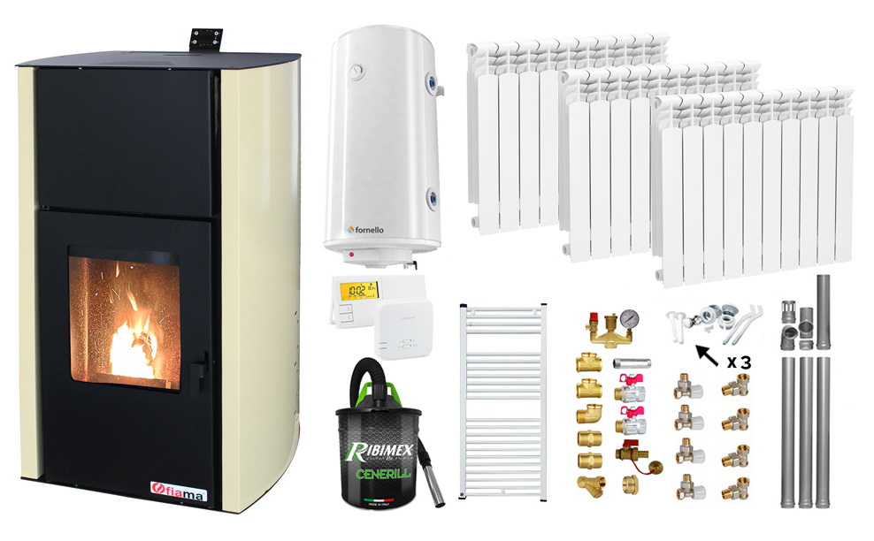 Pachet Termosemineu pe peleti Fiama Confort 13 kw, Pompa, Vas expansiune, Automatizare, Calorifere aluminiu, Boiler 100 litri, Termostat, Aspirator, Kit 3.5 ml si Fitinguri montaj