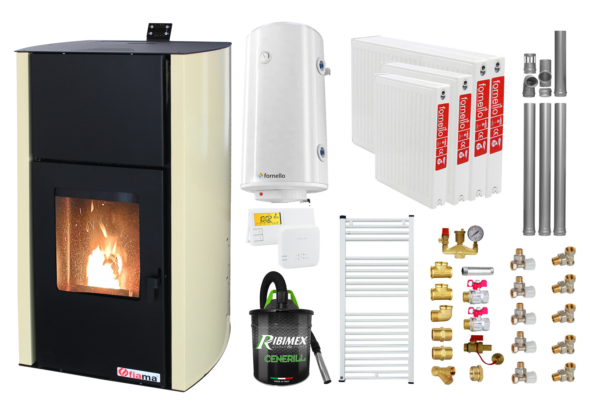 Pachet Termosemineu pe peleti Fiama Confort 25 kw, complet echipat pentru incalzire, Pompa, Vas expansiune, Automatizare, Radiatoare otel, Boiler 100 litri, Termostat, Aspirator, Kit 3.5 ml si Fitinguri montaj