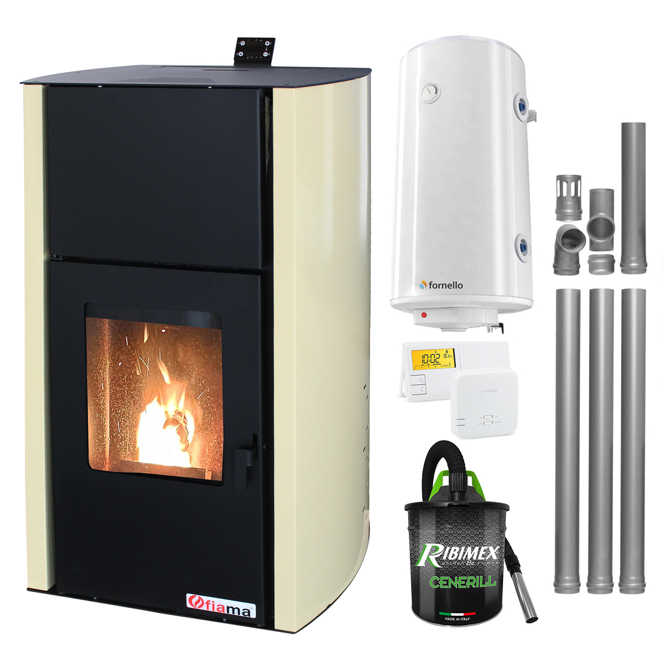Pachet Termosemineu pe peleti Fiama Confort 13 kw, complet echipat pentru incalzire, Pompa, Vas expansiune, Automatizare, Boiler 100 litri, Termostat Salus 091FLRFV2, Aspirator Cenusa si Kit evacuare 3.5 ml