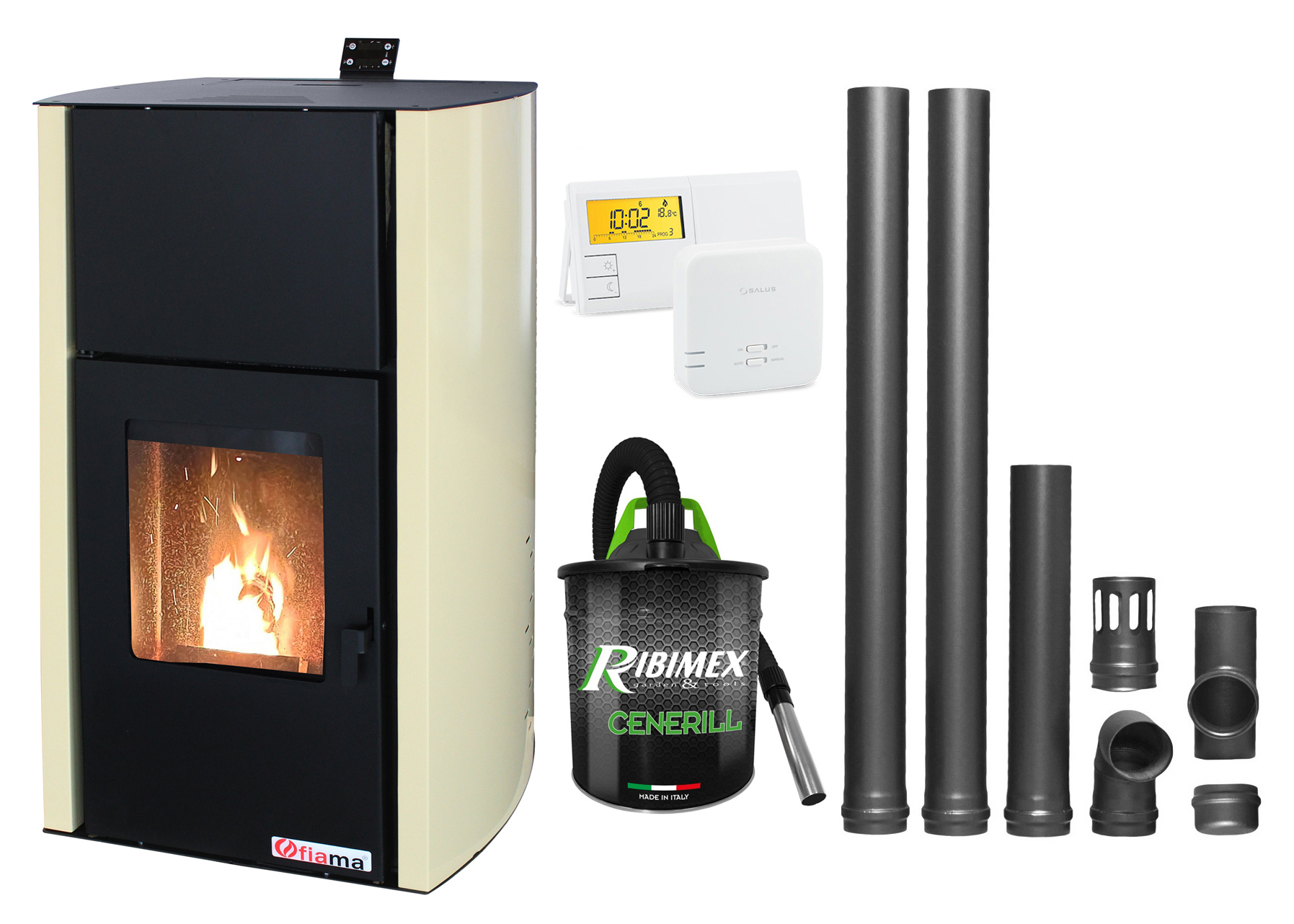 Pachet Termosemineu pe peleti Fiama Confort 18 kw, complet echipat pentru incalzire, Pompa, Vas expansiune, Automatizare, Termostat Radio Comanda Salus 091FLRFV2, Aspirator Cenusa si Kit evacuare 2.5 ml