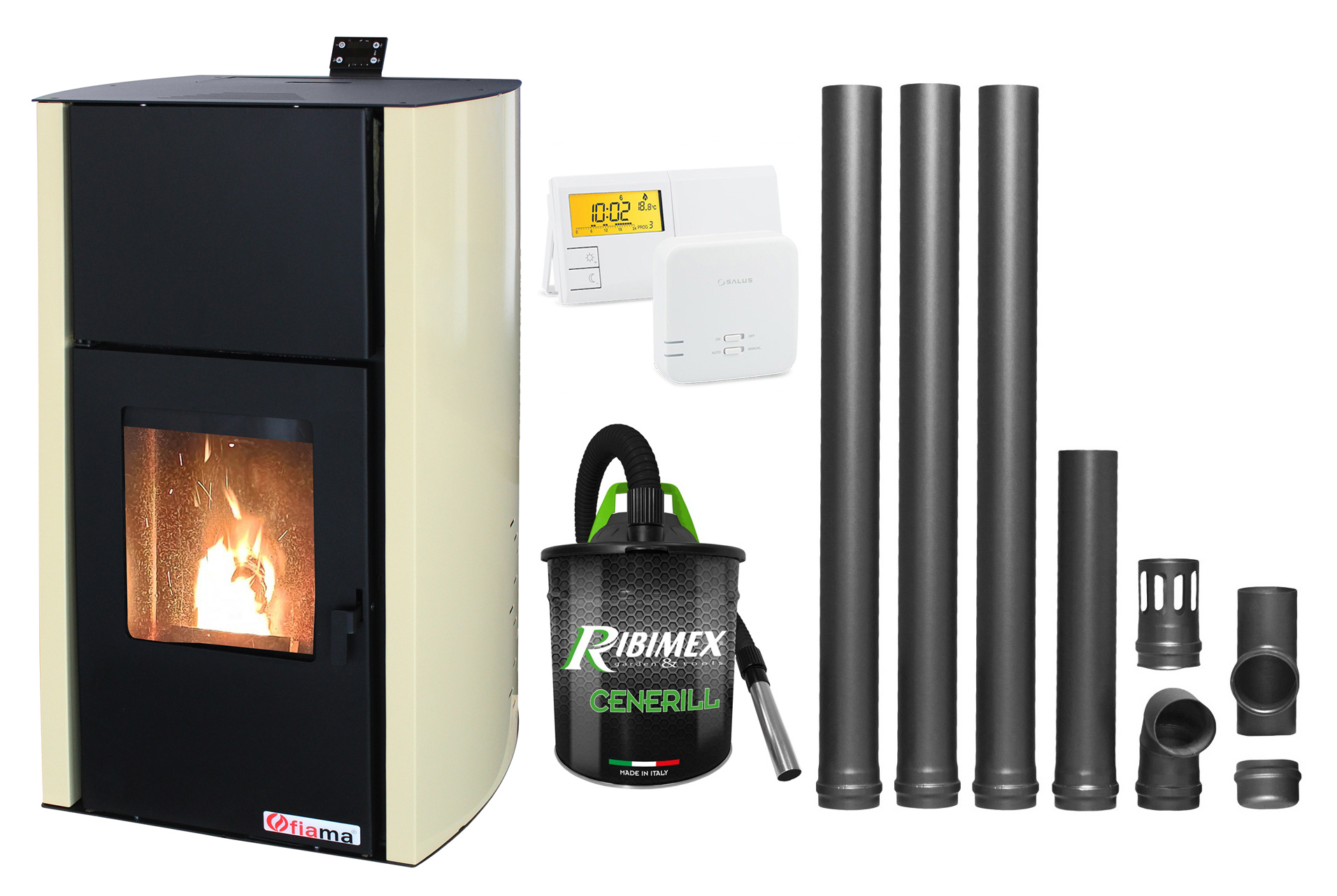 Pachet Termosemineu pe peleti Fiama Confort 18 kw, complet echipat pentru incalzire, Pompa, Vas expansiune, Automatizare, Termostat Radio Comanda Salus 091FLRFV2, Aspirator Cenusa si Kit evacuare 3.5 ml