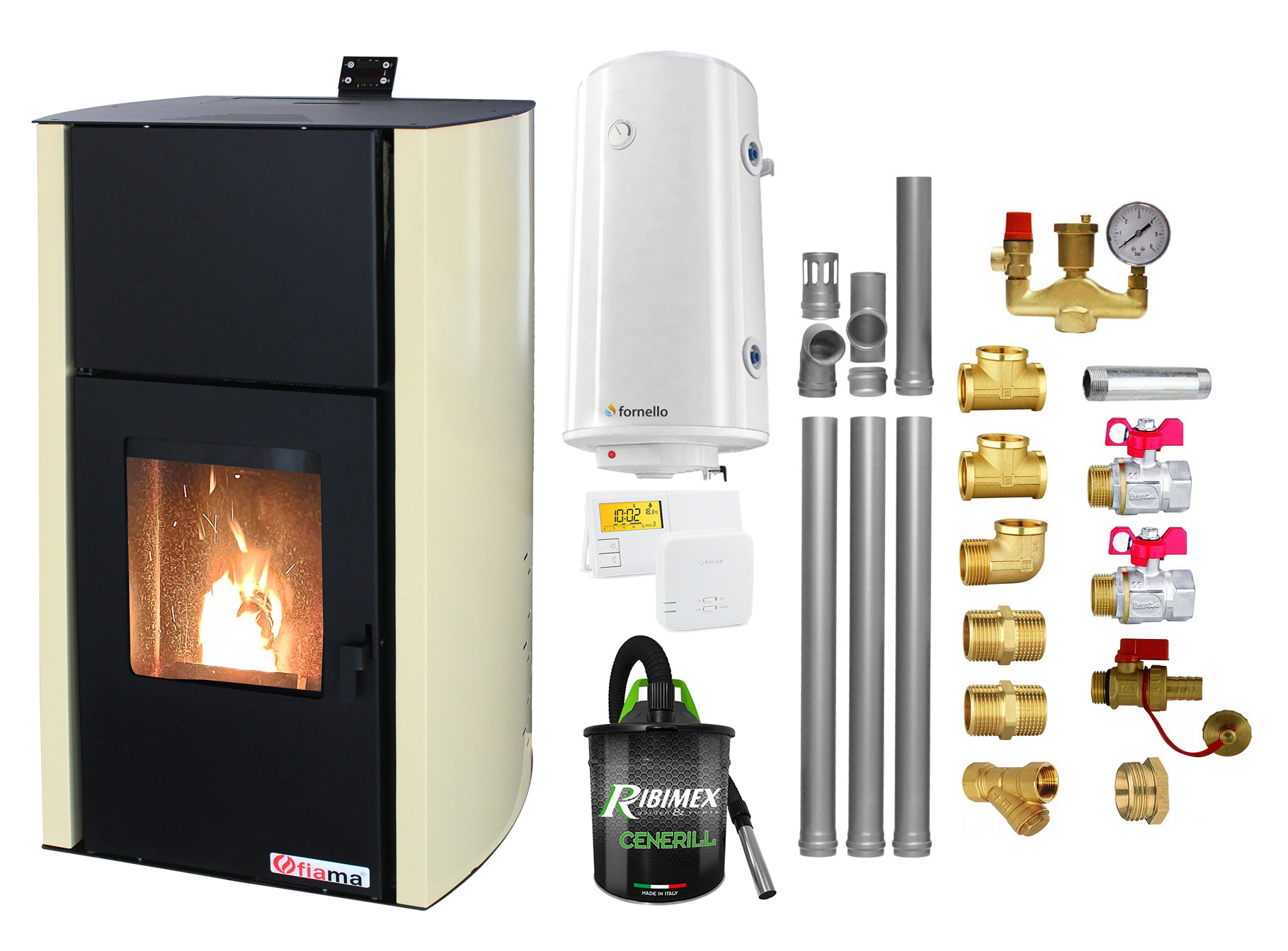 Pachet Termosemineu pe peleti Fiama Confort 18 kw, complet echipat pentru incalzire, Pompa, Vas expansiune, Automatizare, Boiler 100 litri, Termostat Salus 091FLRFV2, Aspirator, Kit evacuare 3.5 ml si Fitinguri montaj