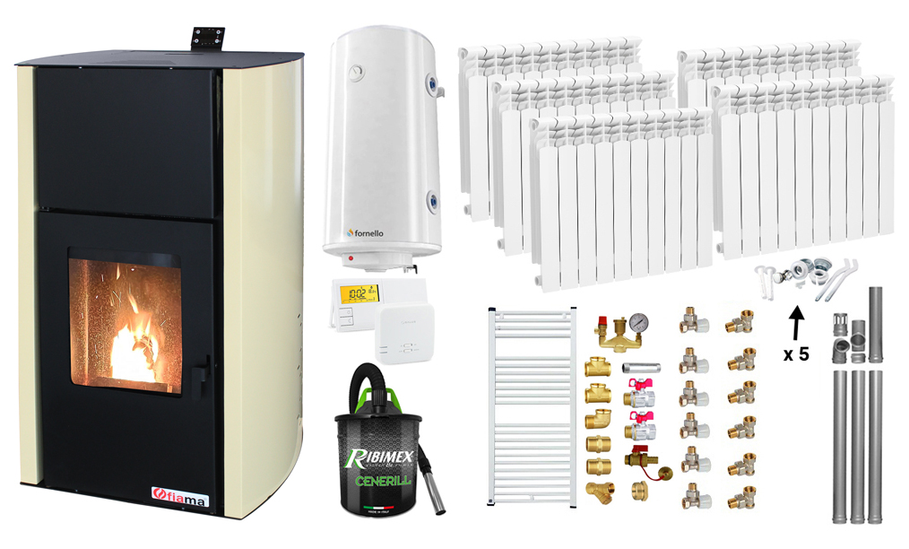 Pachet Termosemineu pe peleti Fiama Confort 18 kw, Pompa, Vas expansiune, Automatizare, Calorifere aluminiu, Boiler 100 litri, Termostat, Aspirator, Kit 3.5 ml si Fitinguri montaj