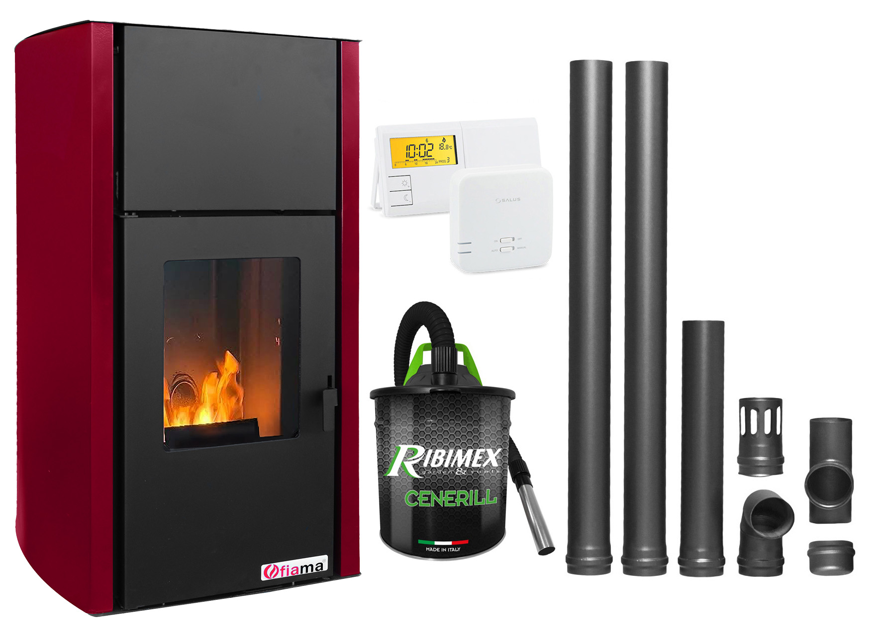 Pachet Termosemineu pe peleti Fiama Confort 25 kw, culoare Bordeaux, complet echipat pentru incalzire, Pompa, Vas expansiune, Automatizare, Termostat Radio Comanda Salus 091FLRFV2, Aspirator Cenusa si Kit evacuare 2.5 ml